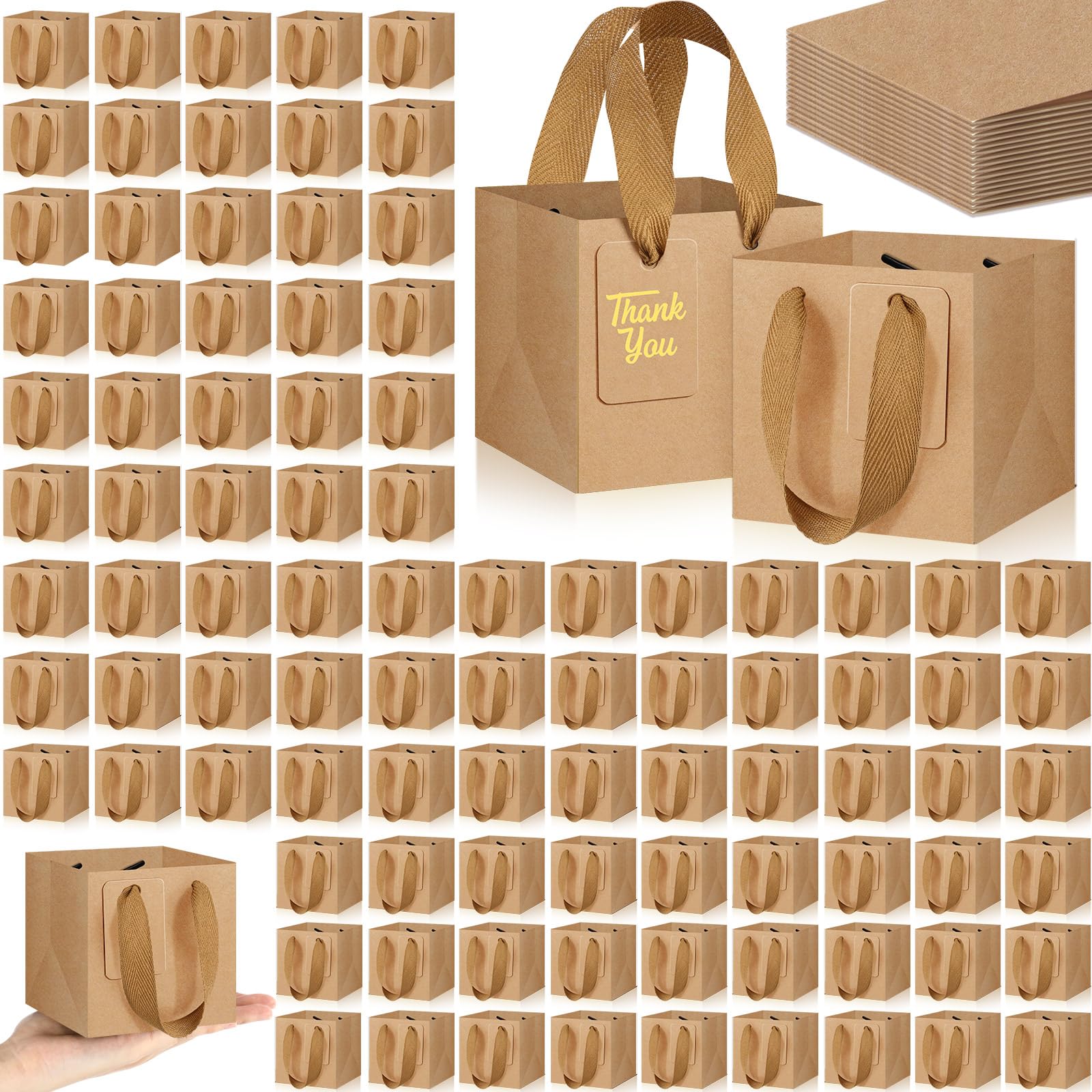 View 1 of 100 Pcs Small Brown Gift Bags Bulk with Handles, Kraft Paper Bags, 4"×4"×4"