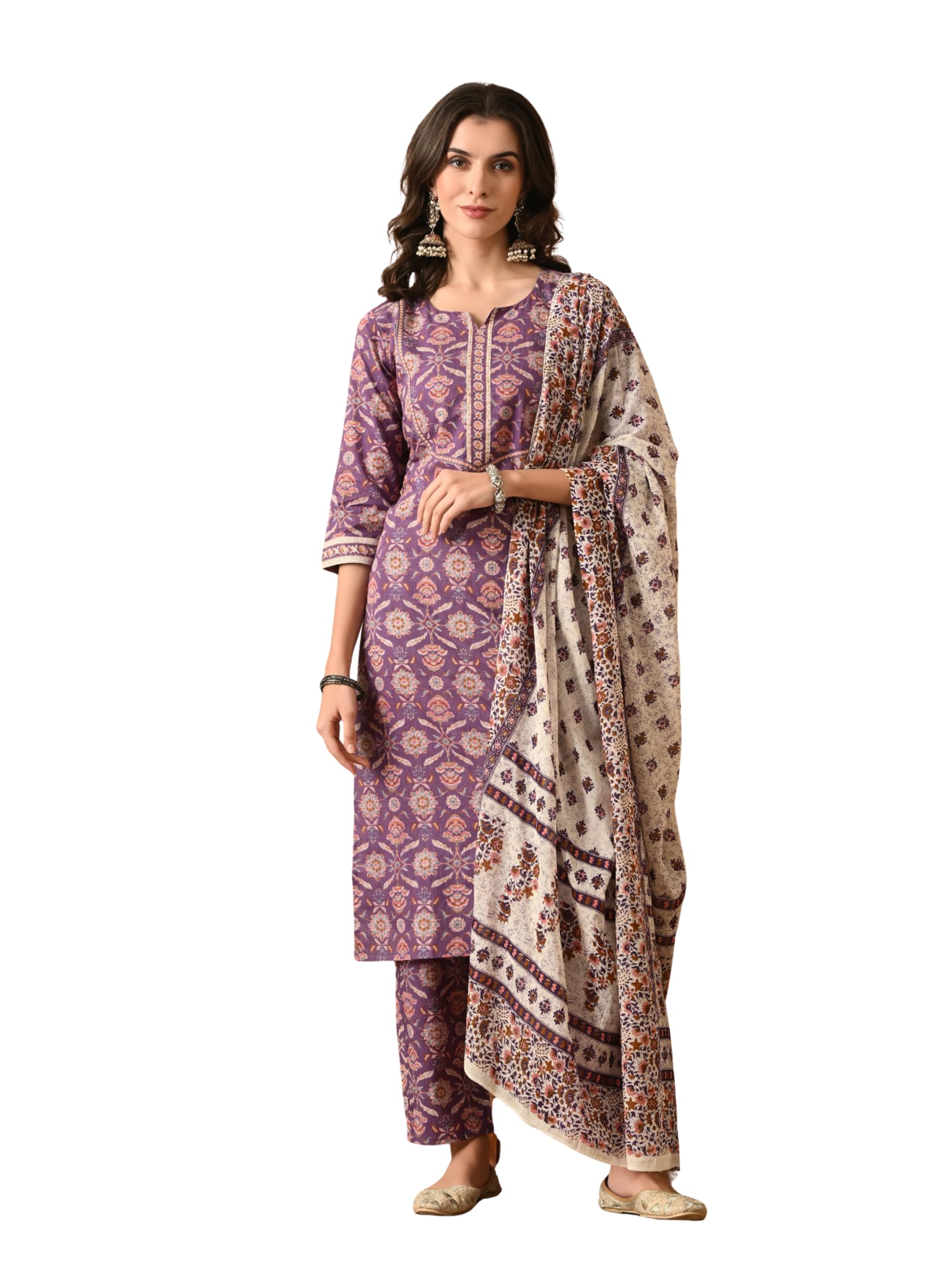Womens Floral Printed Regular Pure Cotton Kurta with Trousers & Dupatta | Kurta Set | Salwar Suit | Ethnic Wear-image-9