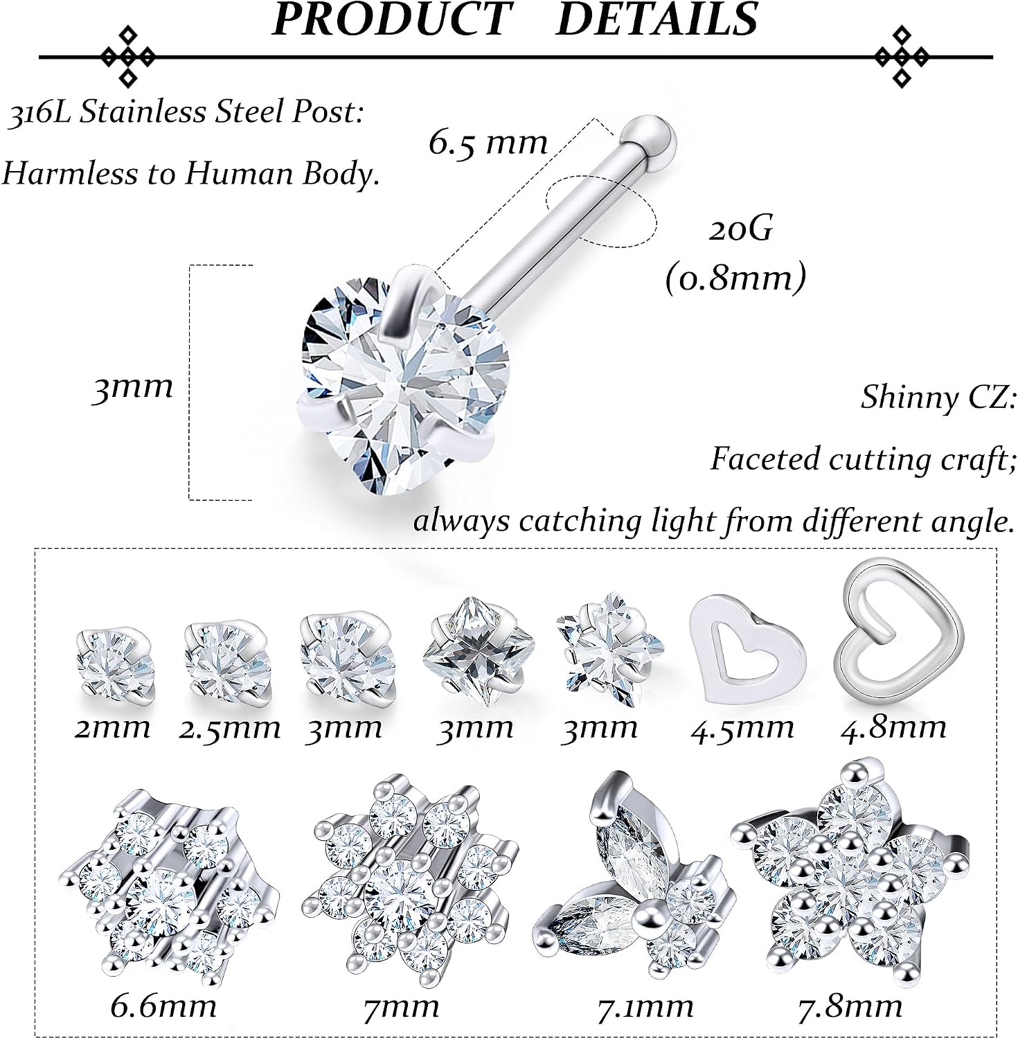 Vsnnsns 20G 18G Nose Rings Studs Piercing Jewelry for Women 316L Surgical Stainless Steel L Shaped Corkscrew Straight Butterfly Heart Diamond CZ Nose Rings Studs Nostril Piercing Jewelry Silver Gold