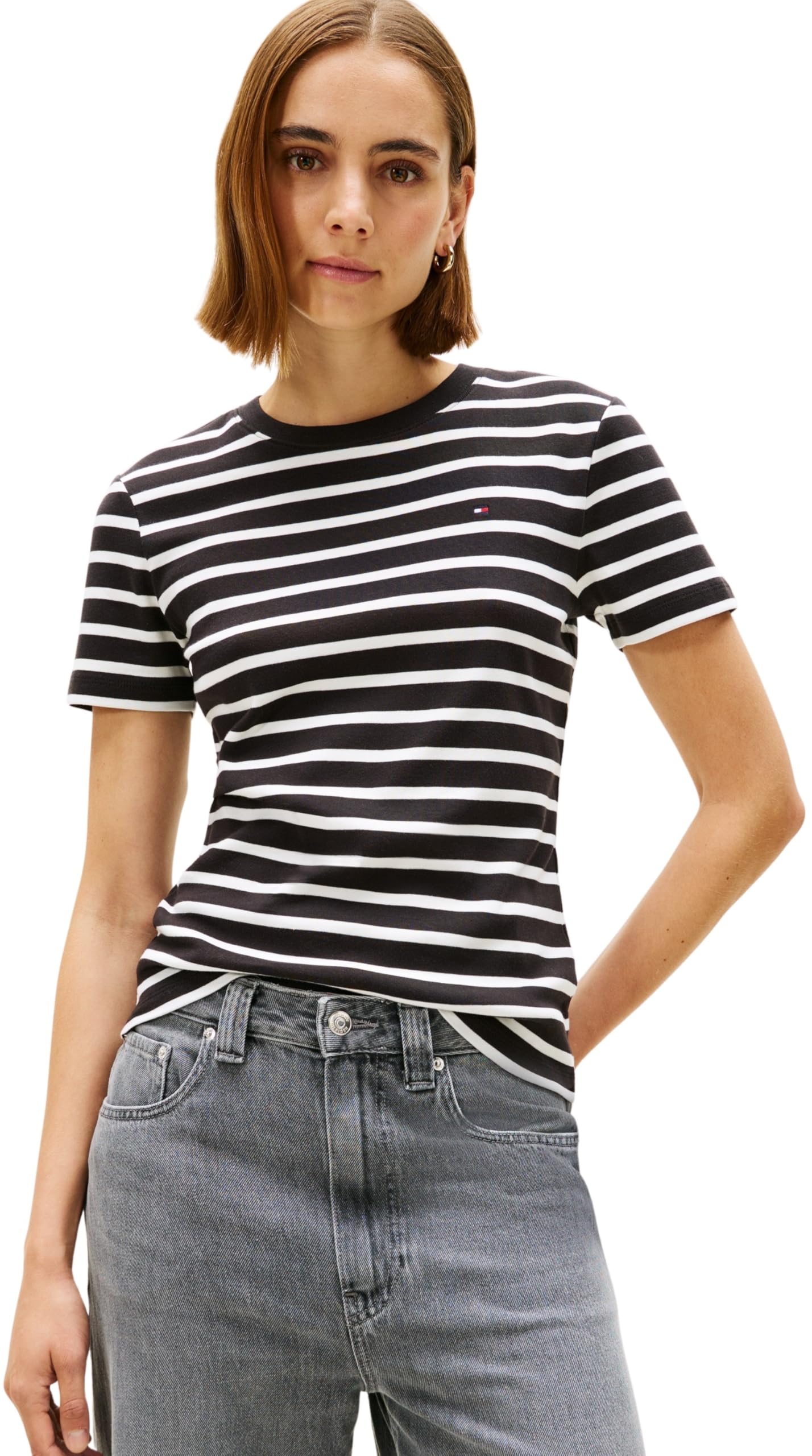 Tommy Hilfiger Women's Slim Cody C-NK SS WW0WW40587 S/S T-Shirt, Black (Black/Ecru STP), S