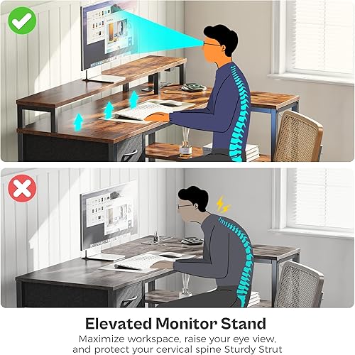 Miniatura 9 de SUPERJARE Escritorio reversible en forma de L de 53 pulgadas con luces LED y tomas de corriente, escritorio para computadora con estantes y soporte