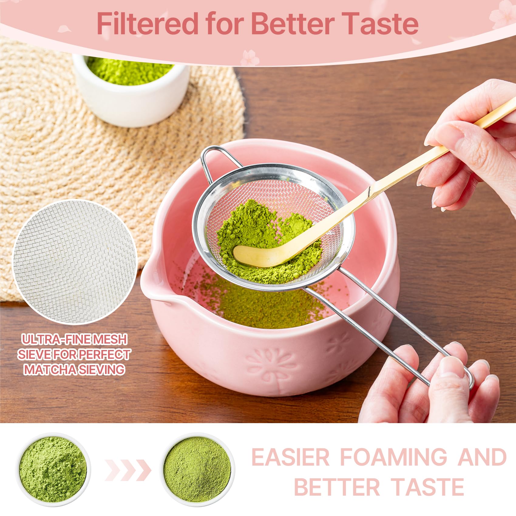 TIZU Set da tè Matcha, 8 pezzi, set con frusta, ciotola con beccuccio, paletta, cucchiaio, setaccio, porta frusta, regalo tradizionale giapponese per gli amanti del tè matcha (rosa)