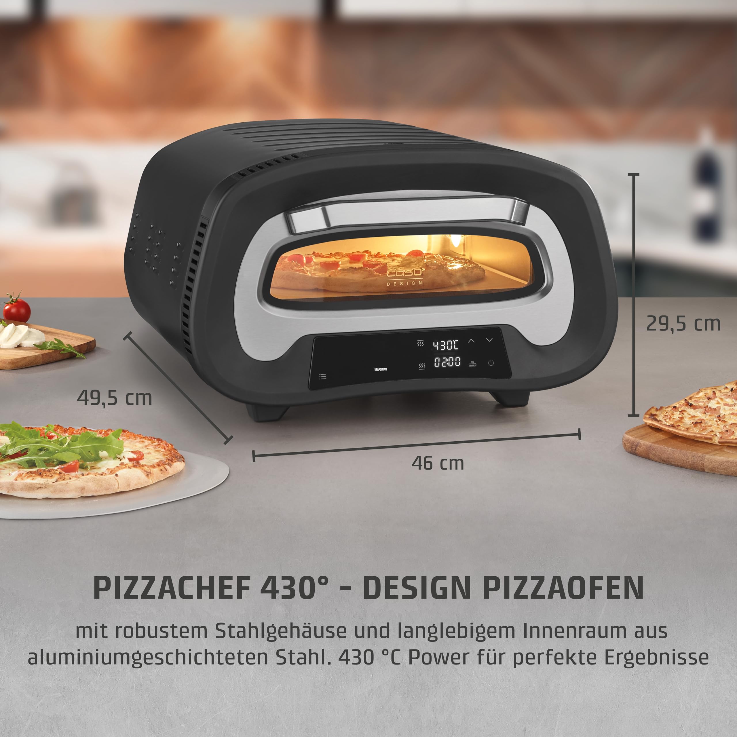 CASO PizzaChef 430° - elektrischer Pizzaofen, 80-430°C, mit Pizzastein | 8 Automatikprogramme, Cordierit Pizzastein (33x33cm), einstellbare Heizelemente, Innenraumbeleuchtung, Timer, Edelstahl