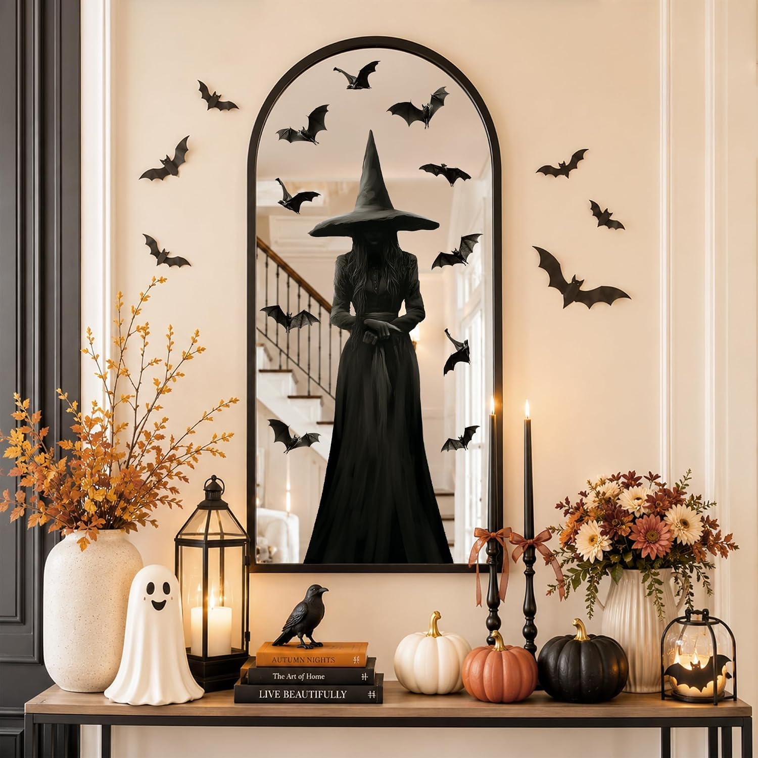 Halloween Decorations Window Clings Decor: 3pcs Large Realist Dark Witch Bats Silhouette Halloween Decals Cling Indoor, Scary Creepy Style School Home Office Party Supplies for Glass Windows