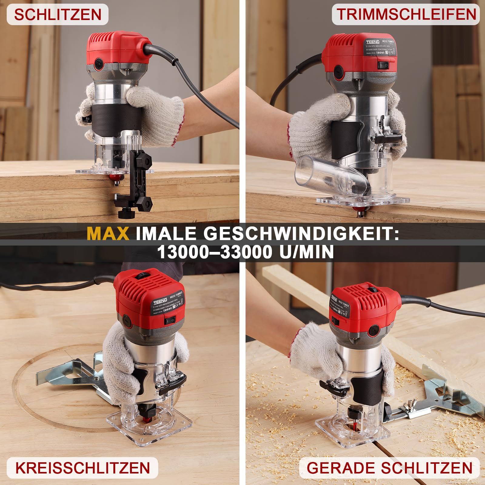 TEENO Holzfräse Oberfräse 800W 13000–33000 U/min mit Staubabsaugungsanschluss, Elektrik Kantenfräse Mit 5 Stück 1/4" Fräsen Cuter,6 Variable Geschwindigkeiten, Spannzange 6MM, 6.35MM, 8MM