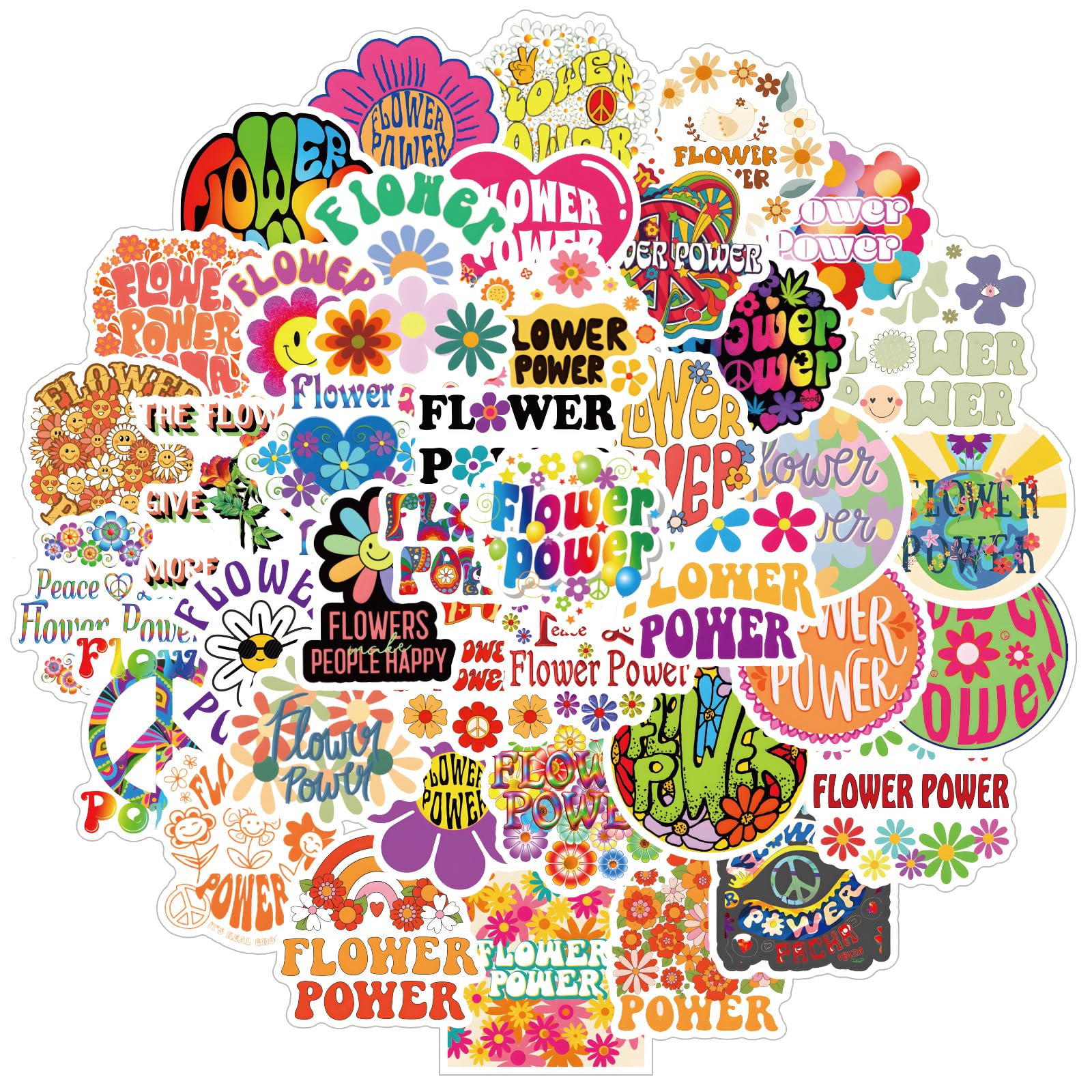 61PCS Flower Power Hippie Cute Cartoon Peace Love Waterproof Vinyl Stickers for Adults for Water Bottles Laptop Suitcase for Birthday Party Supplies Halloween Decoration Favors