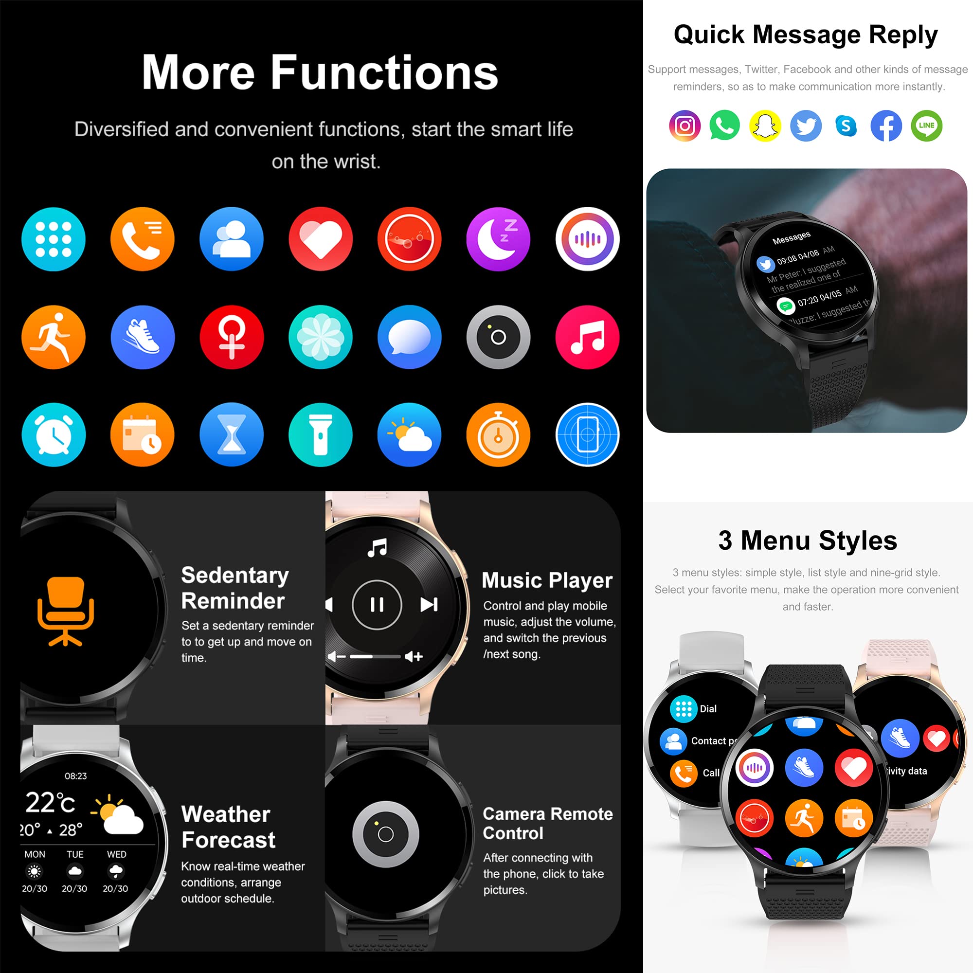 Reloj Inteligente Mujer Hombre con Llamadas, 1,43 Pulgada Smartwatch Deportivo con Podometro Pulsometro SpO2 Sueño Presion Arterial Pulsera Actividad 5ATM Reloj Digital para iOS Android (Negro)