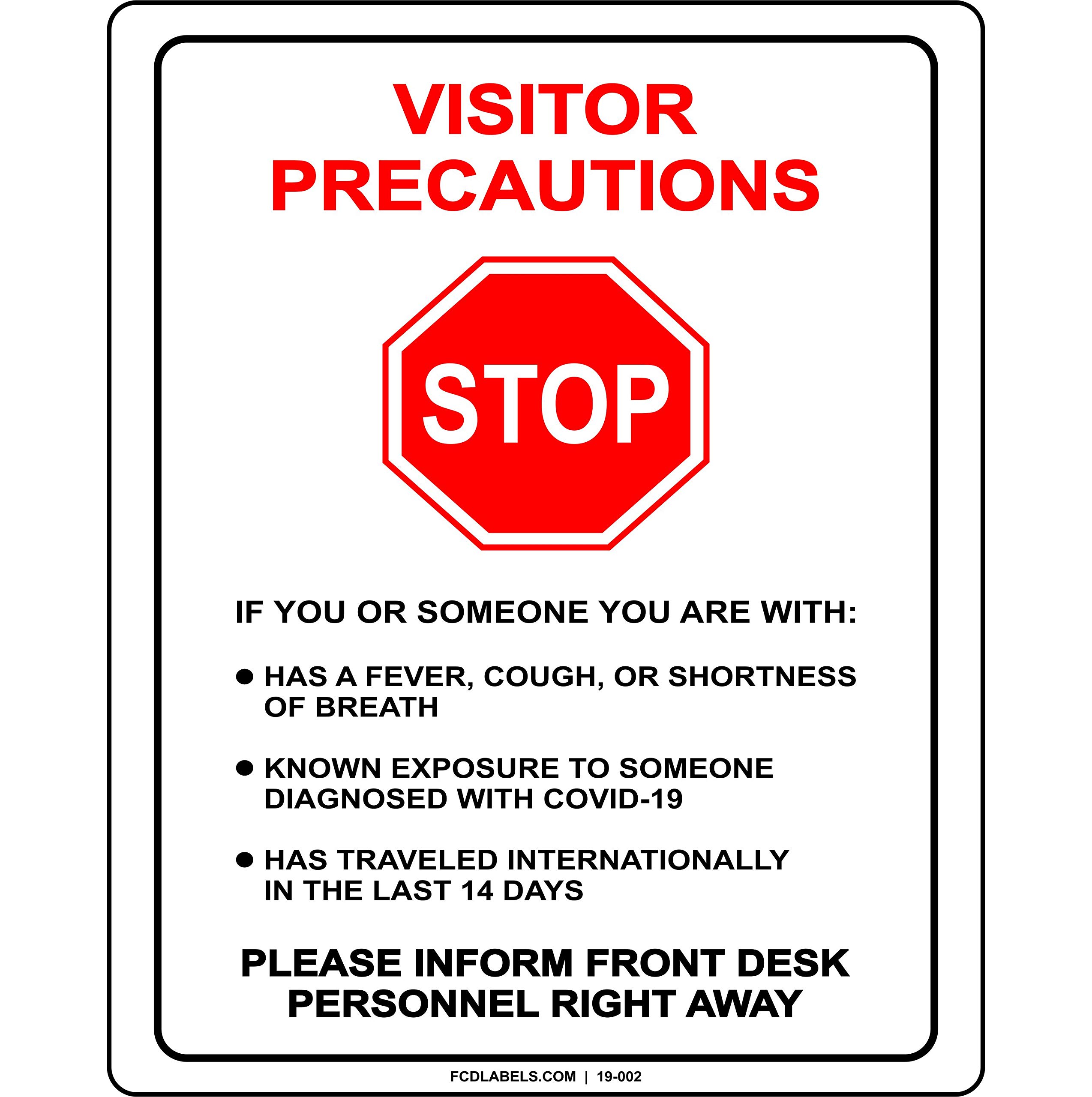 19-002 COVID-19 - Visitor Precautions. Safety Sign (8x10)