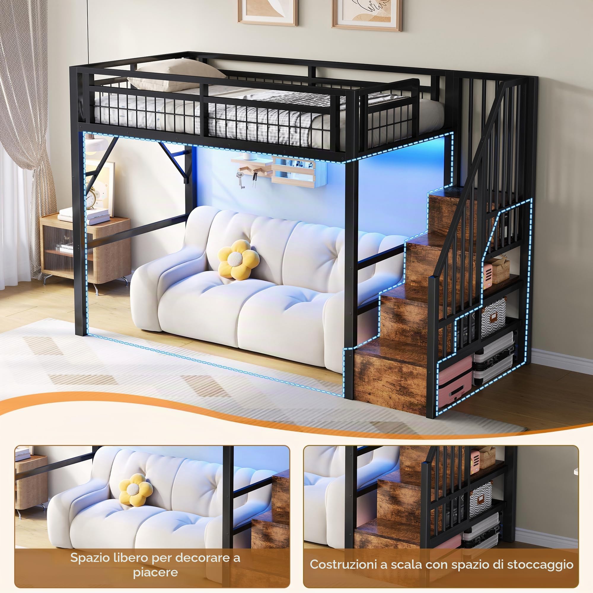 Letto a castello, 90 x 200 cm, con struttura in ferro, barra luminosa LED, scale con spazio di archiviazione, spazio libero per vestirsi, senza materasso, Nero