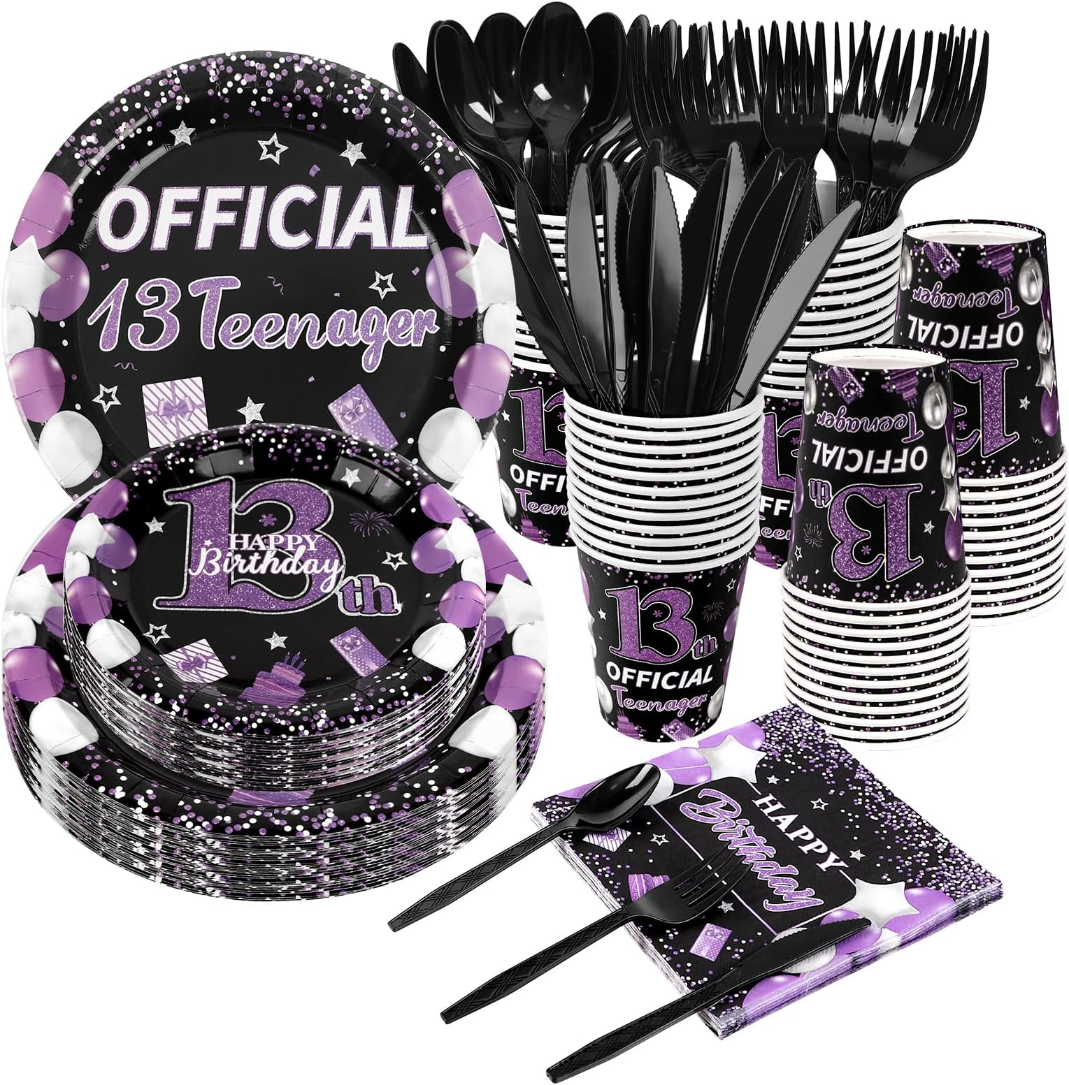 168PCS 13th Birthday Party Supplies Disposable Paper Plates Napkins Cups Knives Spoons Forks Official Teenager 13th Purple and Silver Party Decorations for Teenager Boys Girls Favor Serve 24