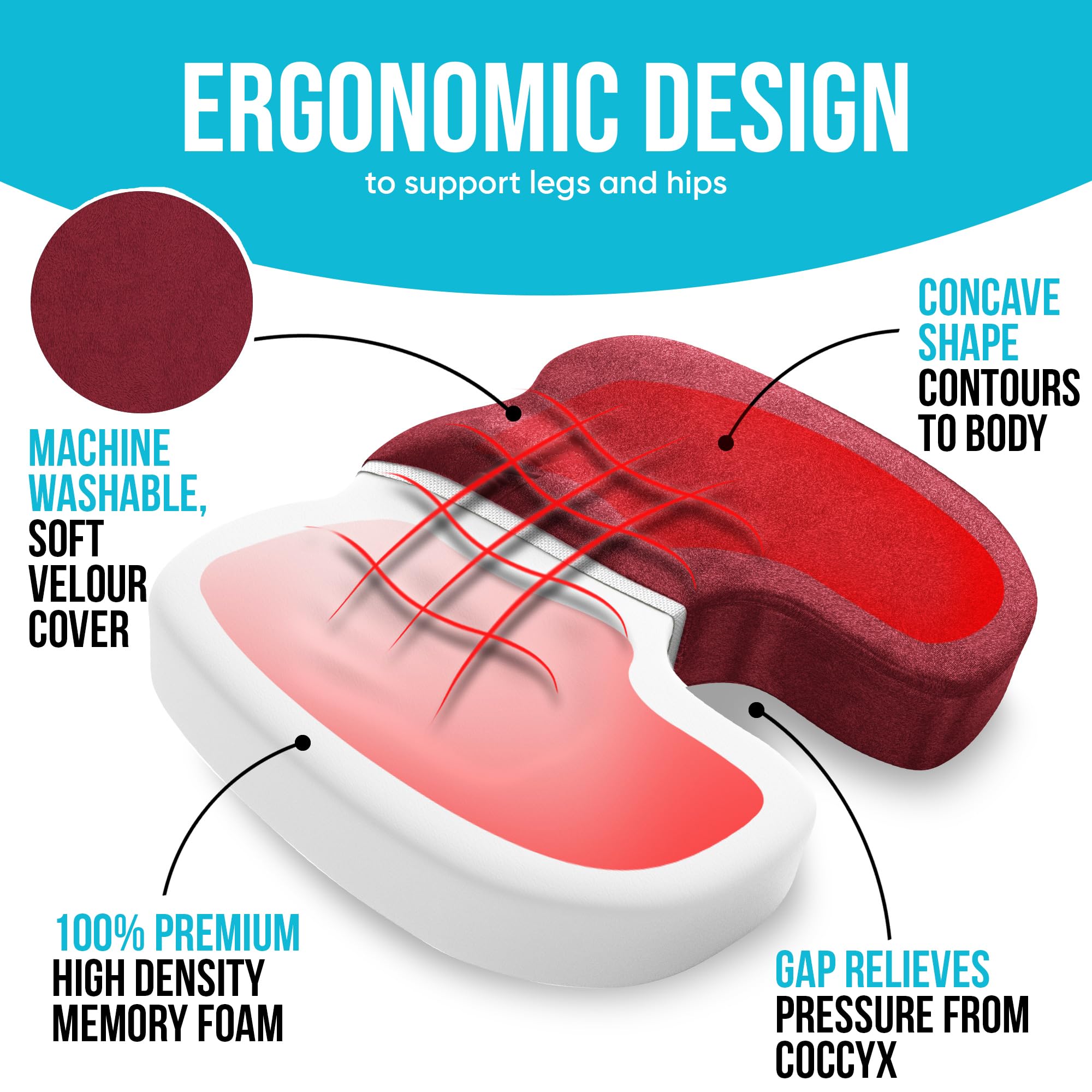 FORTEM Cuscino per sedia da ufficio, supporto lombare per sedia, auto, supporto lombare per sedia, auto, cuscino in memory foam lavabile (Rosso, Velluto)