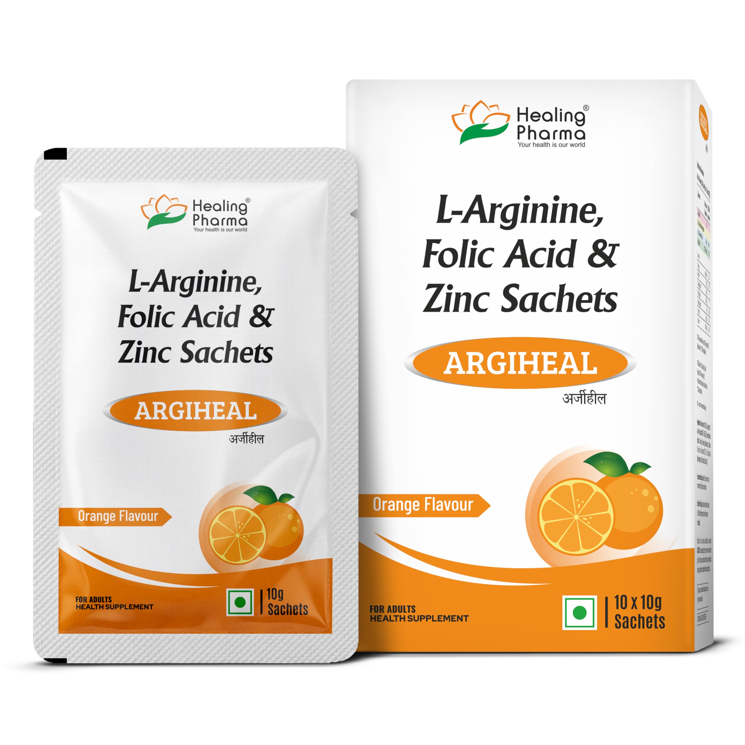 Healing Pharma - ARGIHEAL 3g L-Arginine Powder Sachets | Supports Stamina, Blood Flow & Muscle Recovery | Pre-Workout Supplement For Men & Women | No Added Sugar | Orange Flavour - 10g (Pack of 10)
