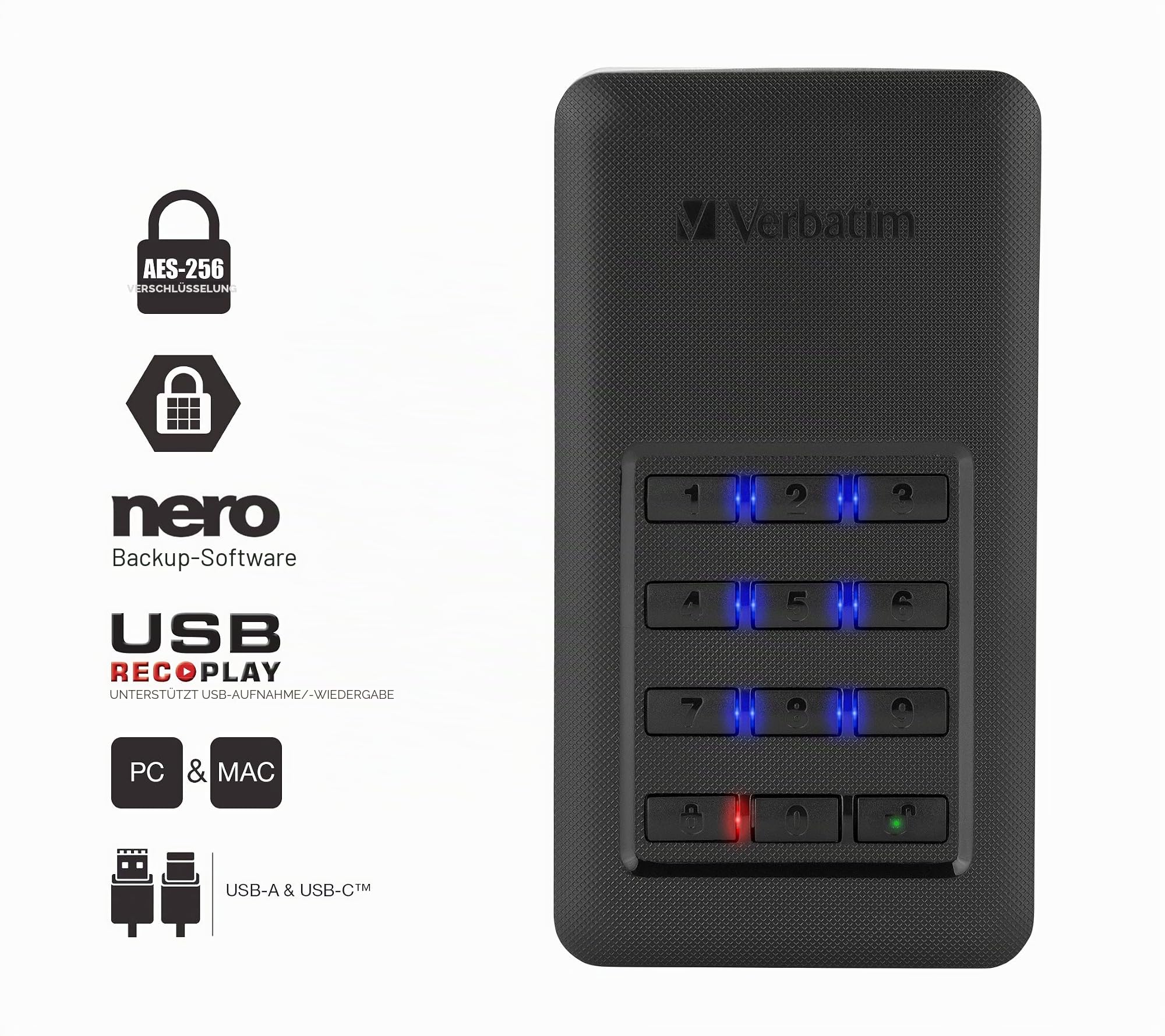 Verbatim Store 'n' Go Secure 256 GB SSD - USB 3.1 Typ-C, Solid State Drive mit Passwortschutz durch Tastenfeld - schwarz, Schwarz, Silber