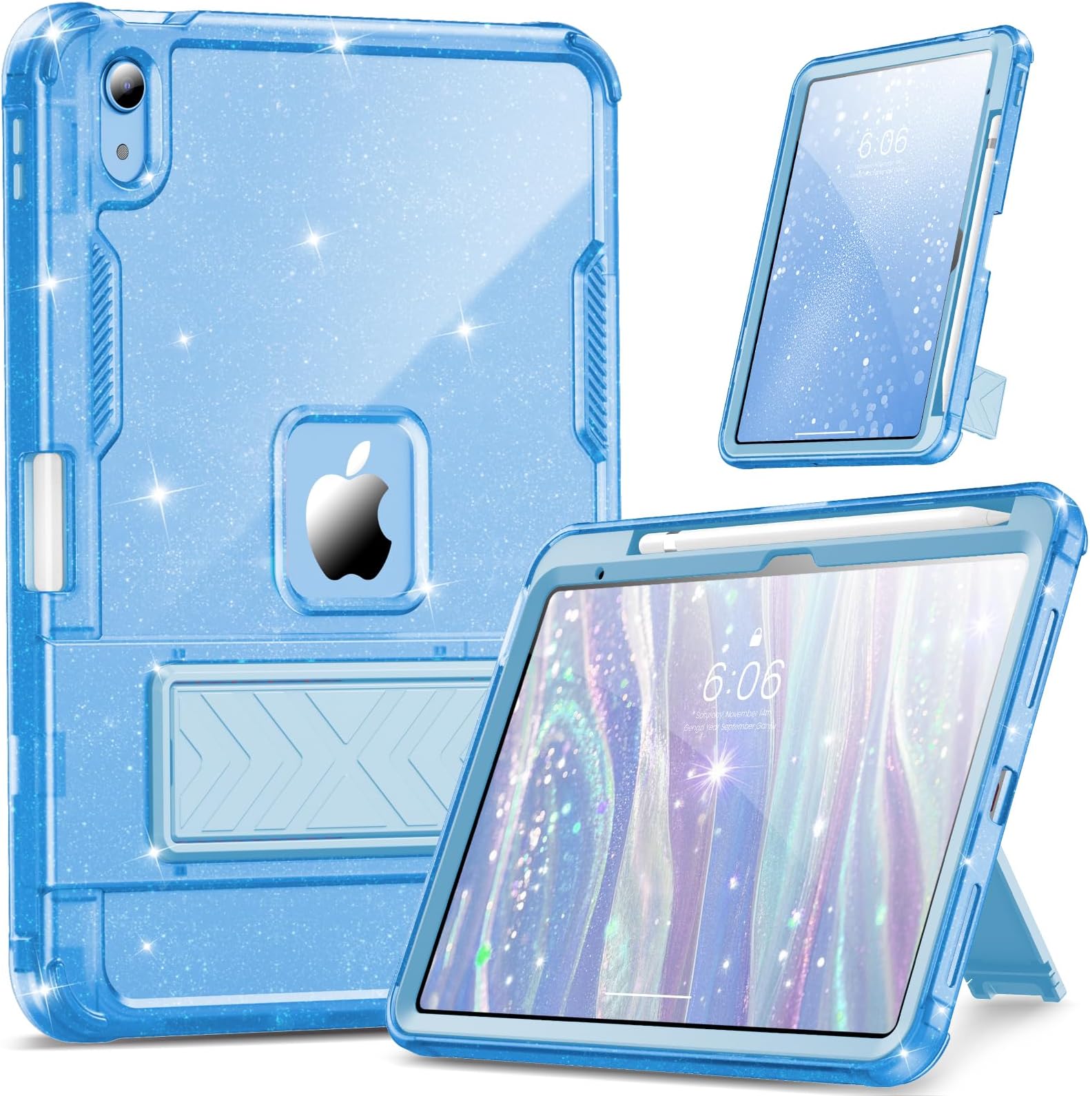INFILAND Case for iPad A16 11 inch 11th Generation,iPad 10th Generation Case 10.9 Inch Glitter Semi-Transparent, Shockproof Protective Cute Cover with Stand, Pencil Holder for Girls, Women (Blue)