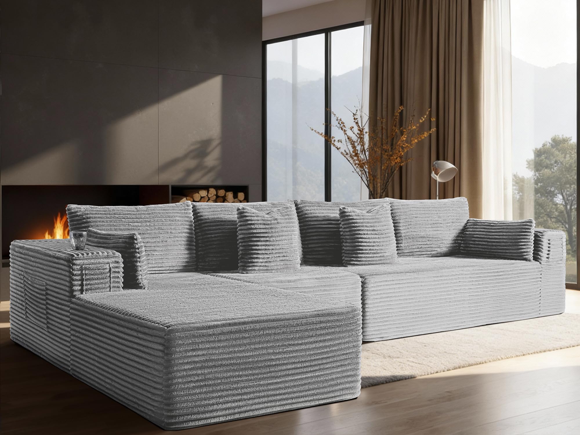138" Oversized Cloud Sectional Couch, Comfort L Shaped Boneless Couch for Living Room, Extra Deep Seats No Assembly, Minimalist Modular Sofa, Corduroy (Light Grey, 3 Seater+Left Facing Chaise)