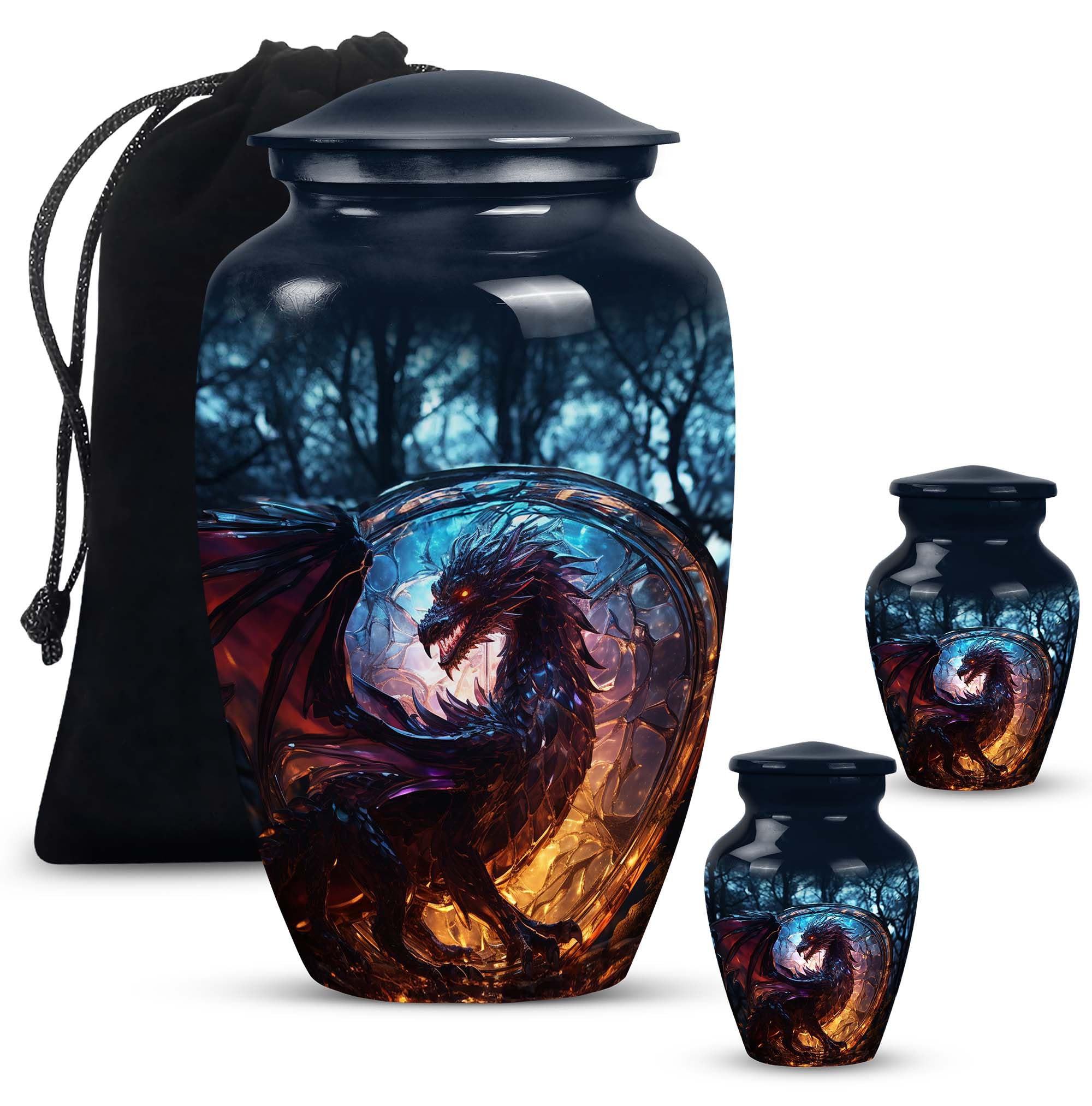 SUBSH Forest Dragon Dusk - Combo of Large Urn with Velvet Bag & 2 Small - Metal Memorial Urns for Adult Ashes - Handcrafted