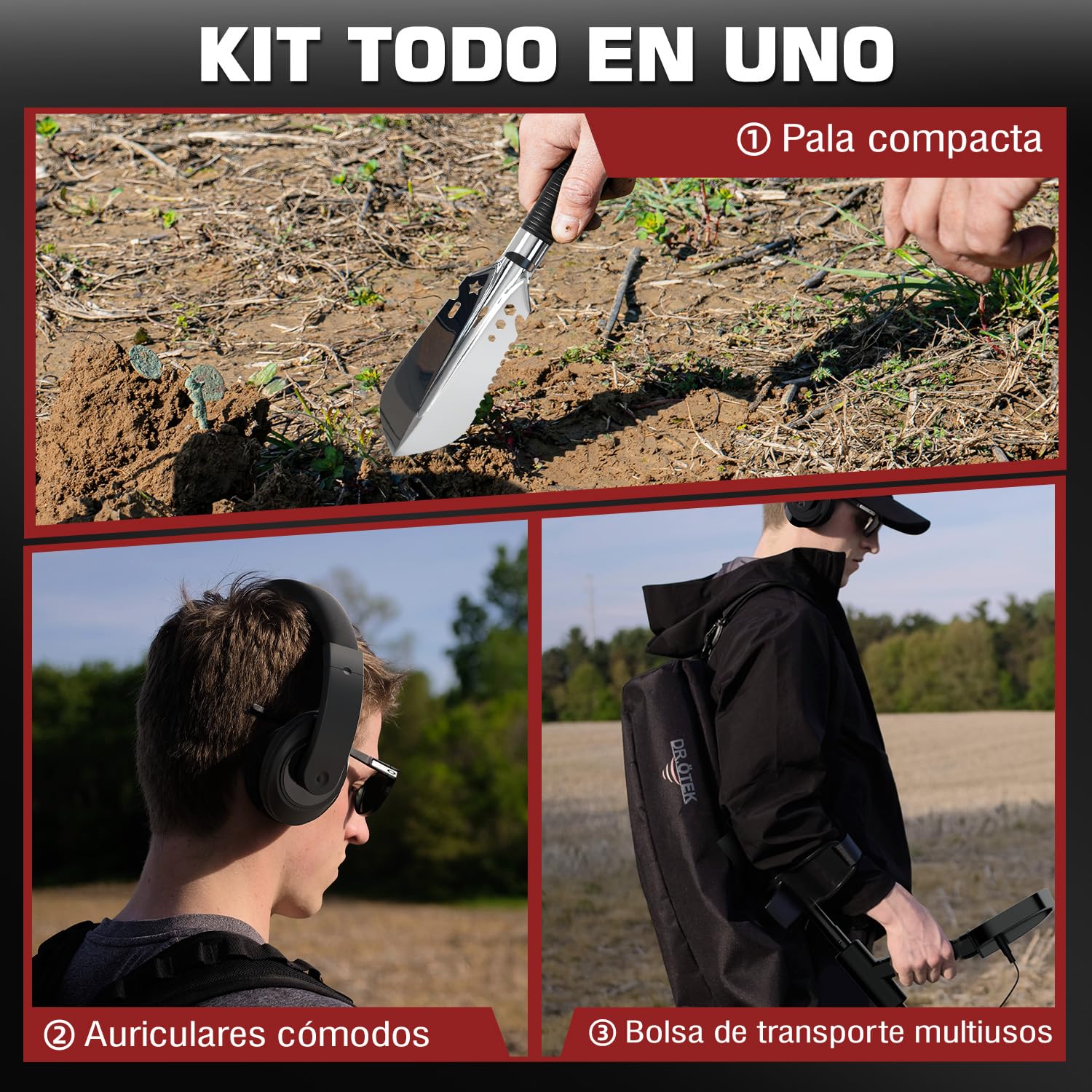 DR.ÖTEK Detector de Metales Profesional para Adultos y Niños, Impermeable para Oro con Modos Pinpoint y Terreno, Emparejamiento Rápido, 6 Modos, Alta Precisión, Ligero y Fácil de Usar,Rojo