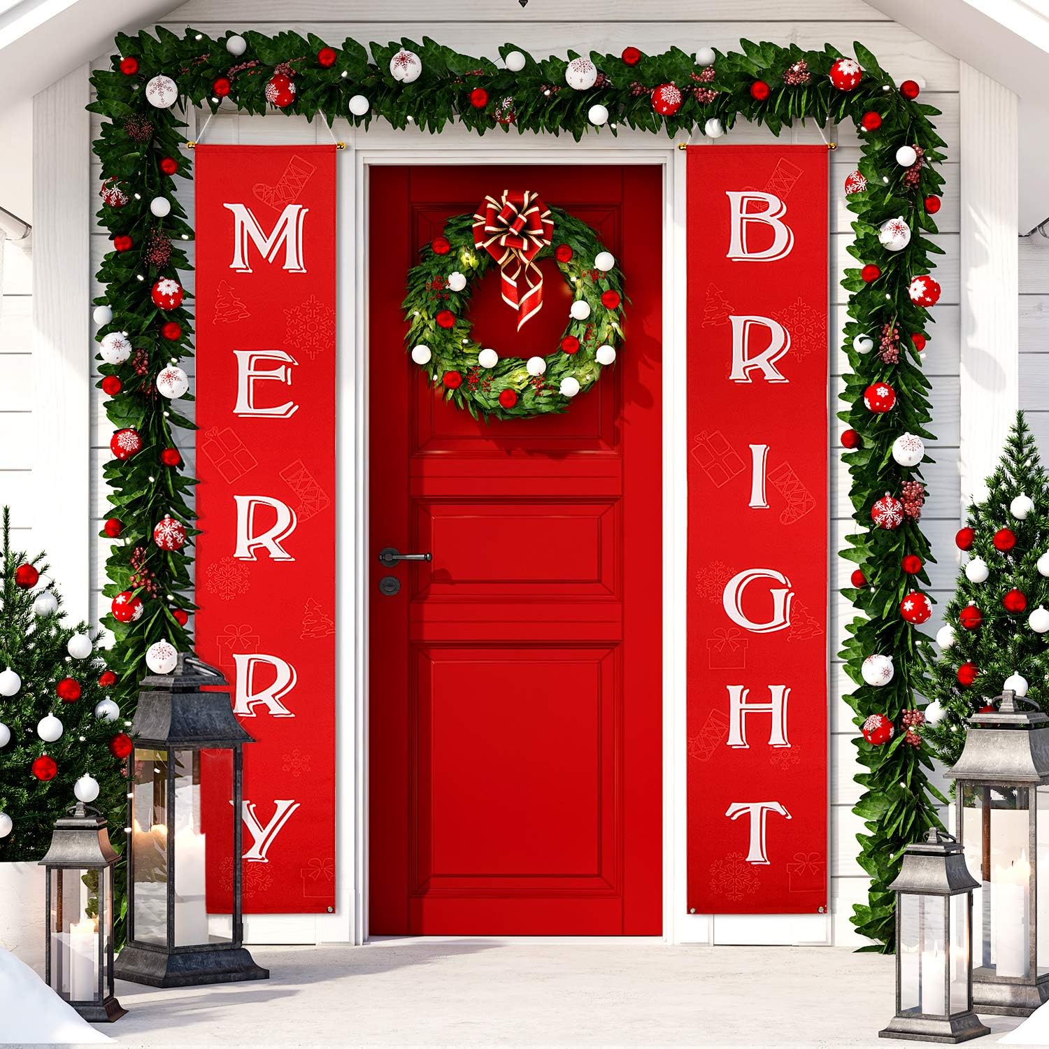 Keten Merry and Bright Christmas Banner, Front Door Christmas Decorations Outdoor Indoor | Merry Bright Porch Sign | Christmas Front Porch Decorations for Home Wall Door Apartment Party