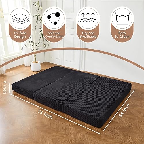 Miniatura 2 de BYBYME Colchón de pana plegable de tres pliegues, cubrecolchón plegable de gel de 6 pulgadas, almohadilla plegable suave para cama de invitados y