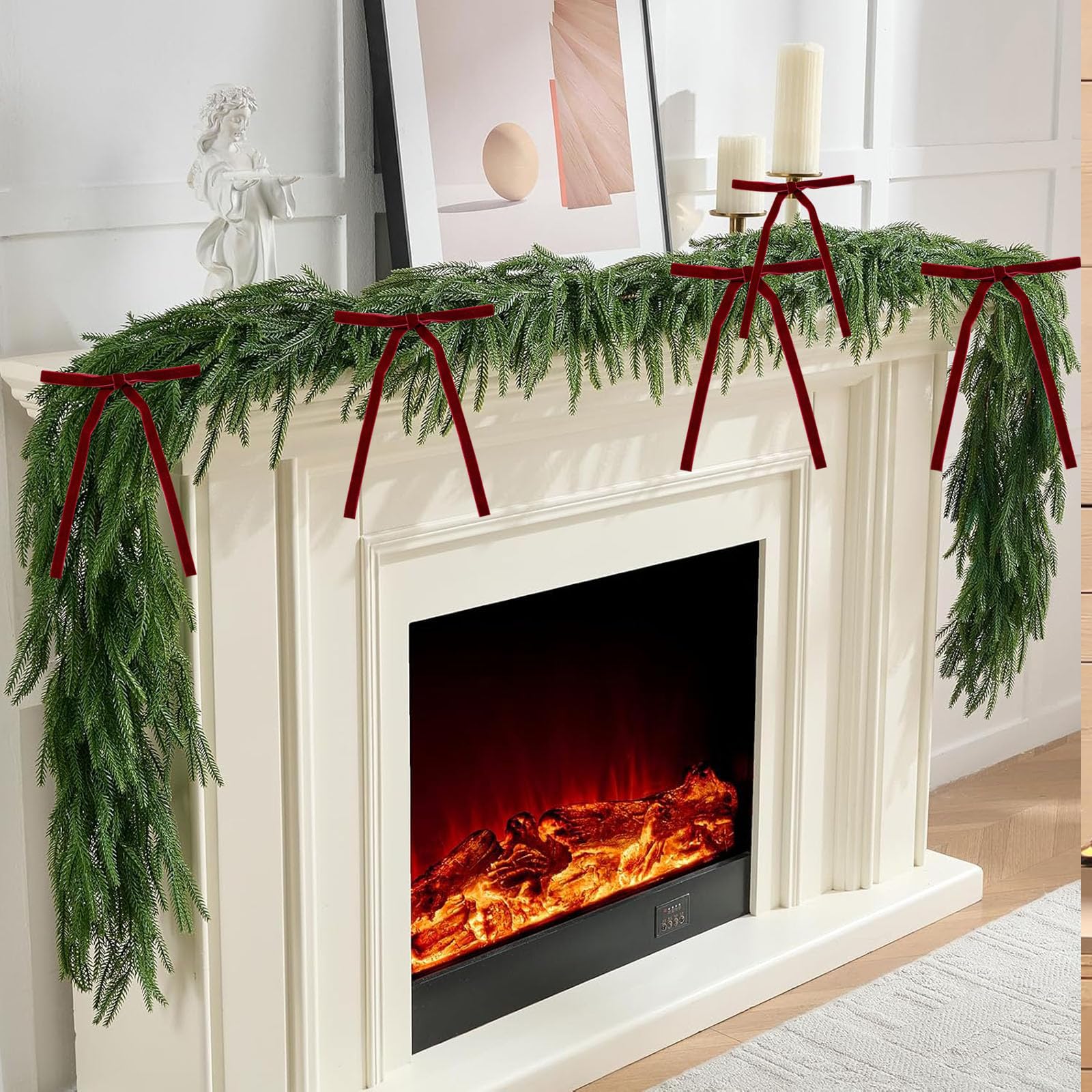 Guirnalda de Navidad de 270 cm, guirnalda de pino Norfolk hecha a mano artificial para chimeneas, escaleras, mesa, decoración de exteriores (con lazo)