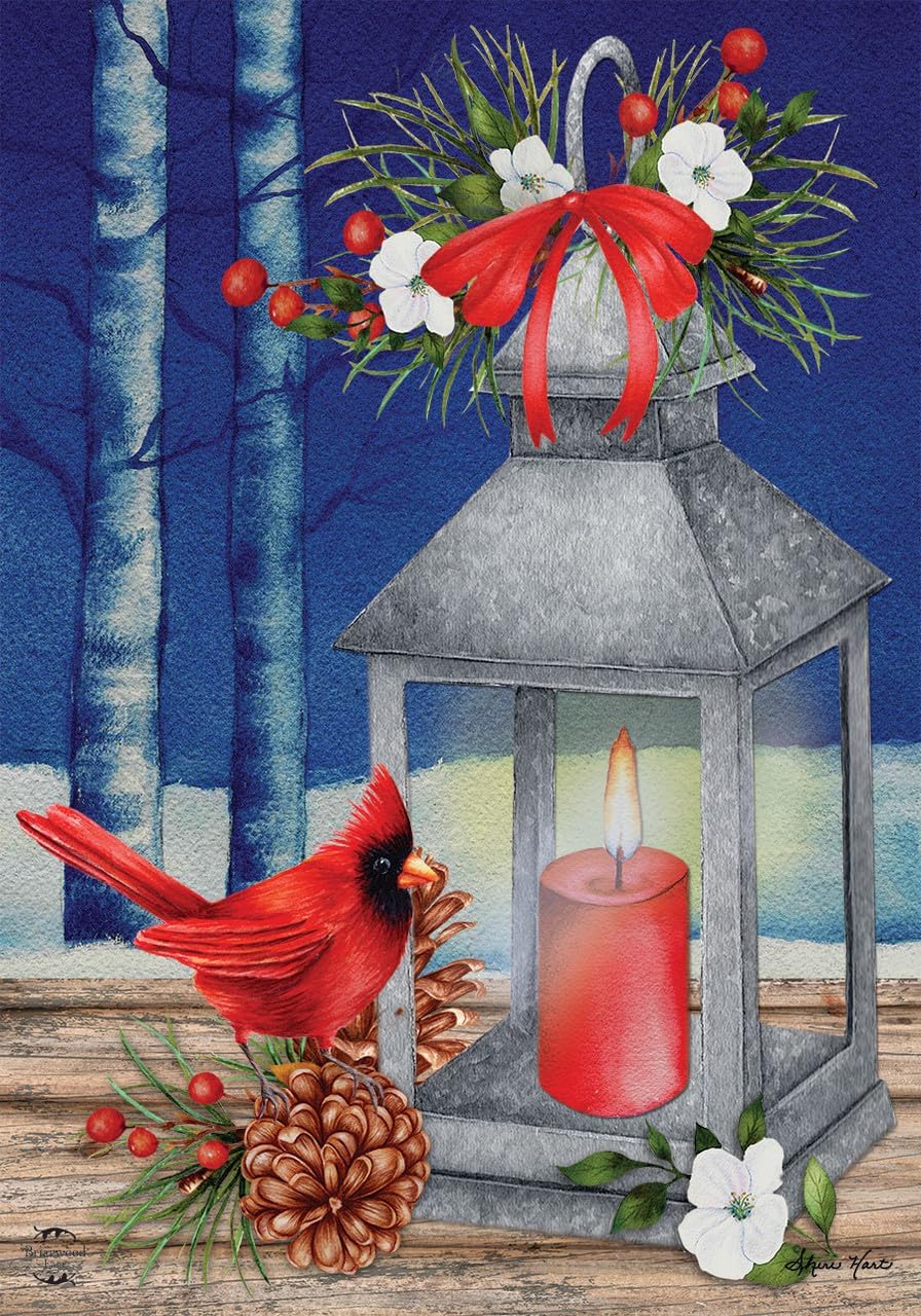 Lantern and Cardinals Winter House Flag Candle Floral 28" x 40" Briarwood Lane