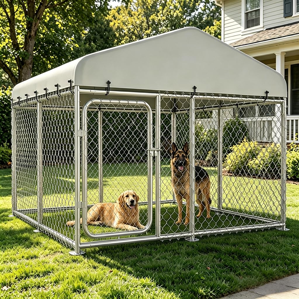 COMHOMA Dog Kennel Outdoor with Roof,Large Metal Dog Enclosure with Weather-Resistant Cover,Lockable Gate for Medium Large Dogs (Silver, 7.5x7.5FT (90in))