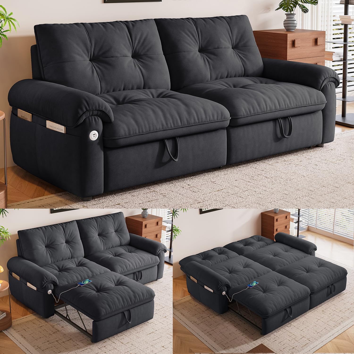 Zentrava 77" Pull Out Sofa Bed, Velvet Convertible Sleeper Couch, Loveseat Chaise Lounge with Side Pockets and USB, Pullout Futon Sofa Bed for Living