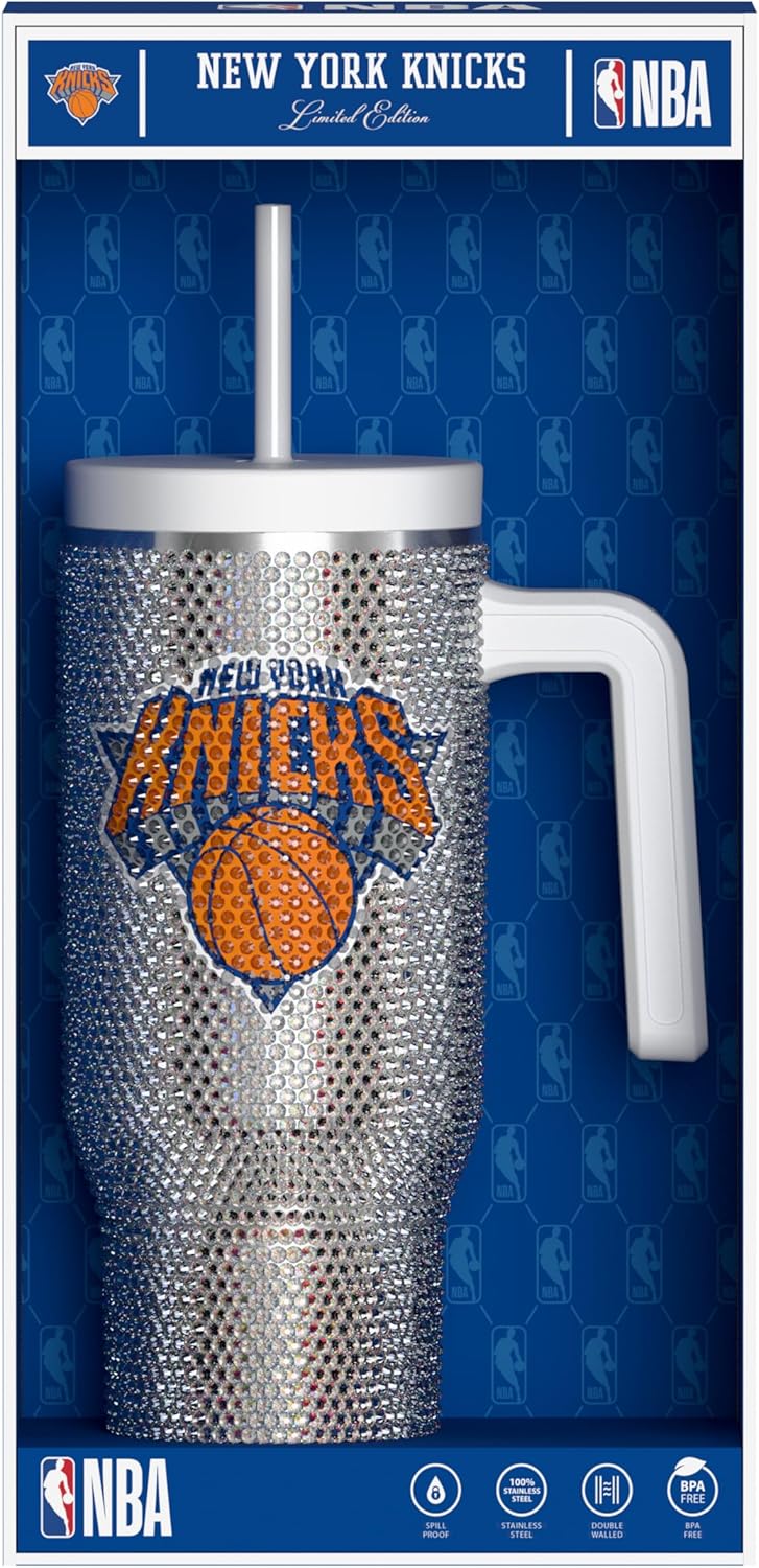 Hydrapeak x NBA Officially Licensed New York Knicks Voyager 40 oz Stainless Steel Bling Tumbler with Handle, Insulated Rhinestone Water Bottle With Straw & Lid, Includes Gift Box