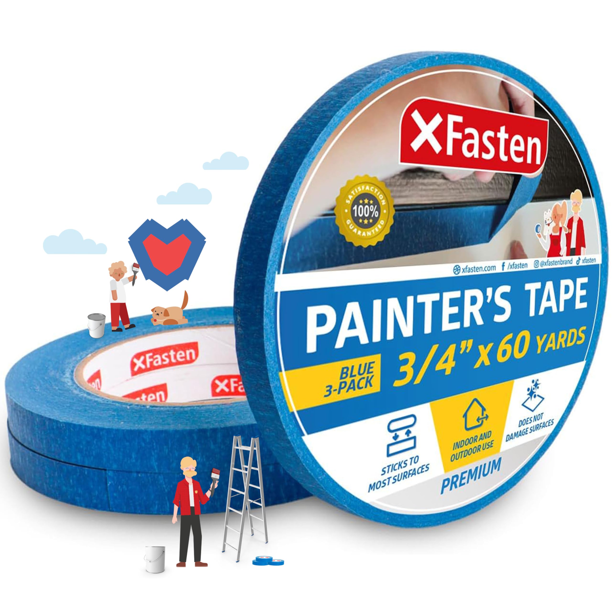 XFasten Professional Blue Painters Tape, MultiUse, 3/4
