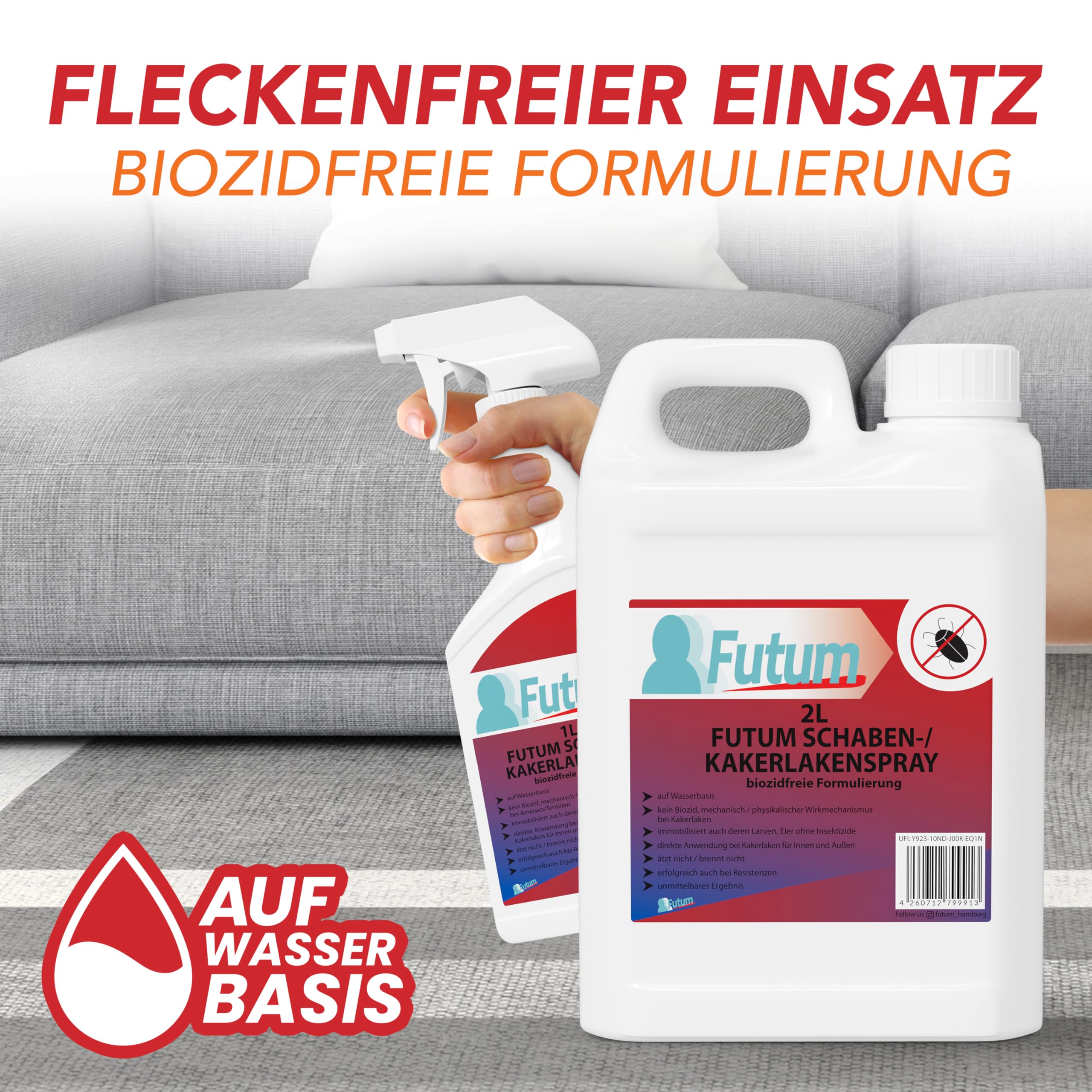 Schaben Spray 2 Liter + Drucksprüher Kakerlaken bekämpfen auf Wasserbasis Ohne Treibgase wirkt gegen Eier Innen & Außen