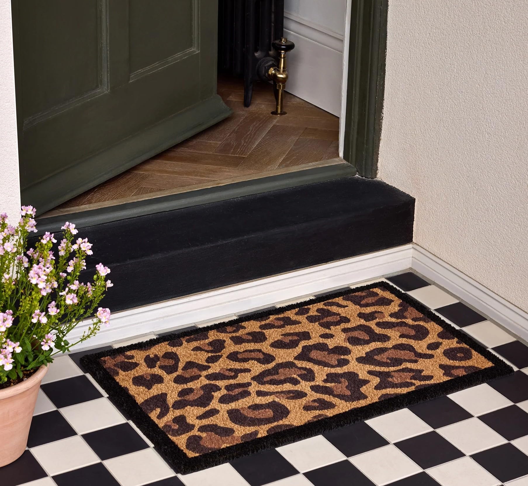 Coir Door Mat for Doorway, Home Entry, Balcony, Garden, Dirt Trapper Entrance Indoor Outdoor Non-Slip Absorbent Welcome Mat Natural Doormat in 45 x 75 cm (Leopard Border)