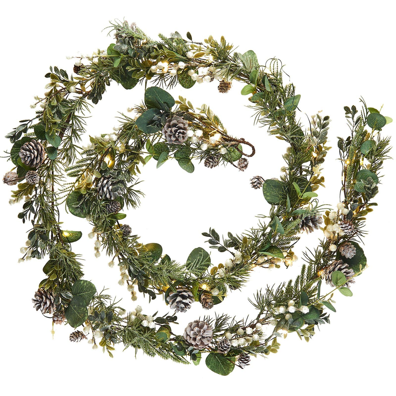 Werchristmas Green Pre-Lit Decorated Eucalyptus Garland, 55 Warm White Led Lights, 9 Ft / 2.7 M
