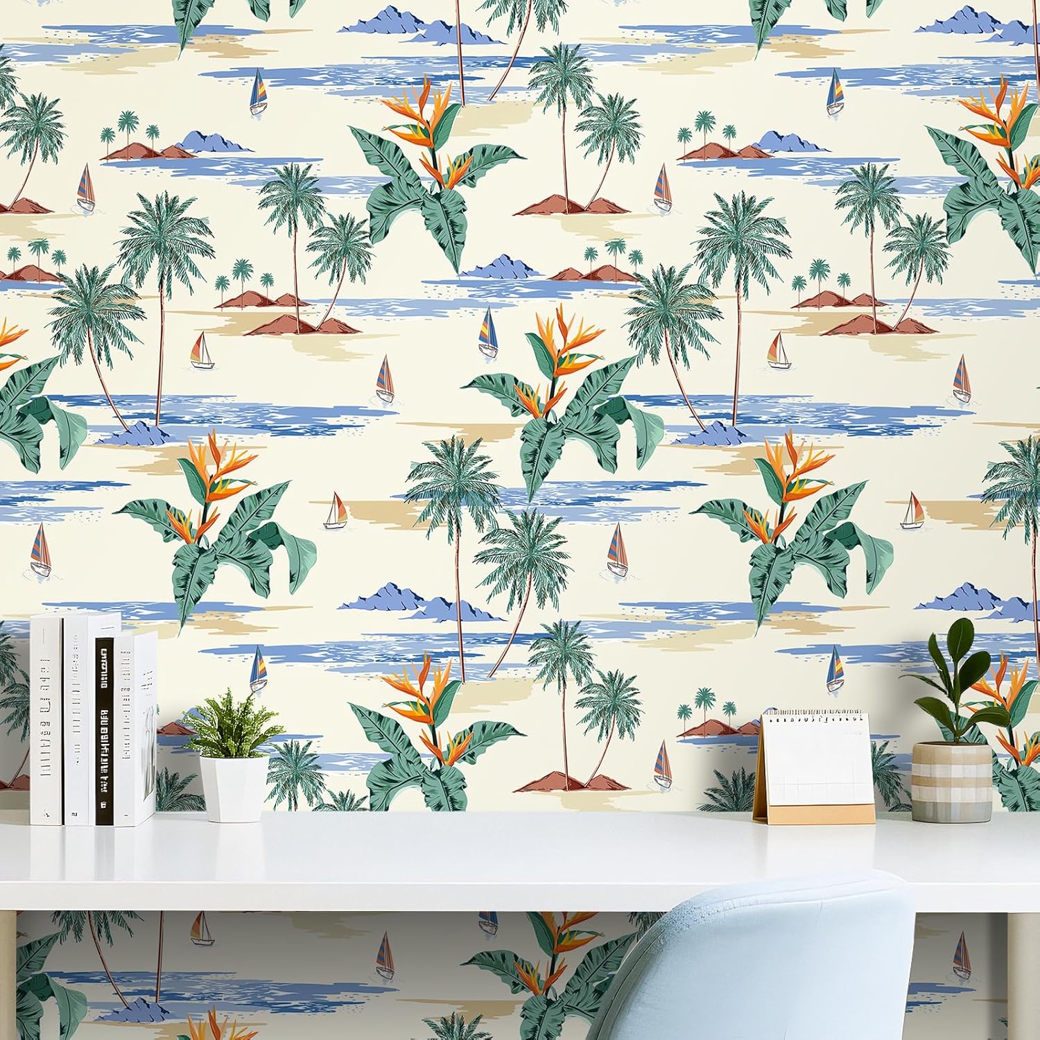 YENHOME 17.5"X276" Island Beach Peel and Stick Wallpaper Beige Background Palm Trees Wallpaper Self Adhesive Wall Mural Beige Sailboat Tropical Contact Paper Removable Wall Paper for Bedroom Bathroom