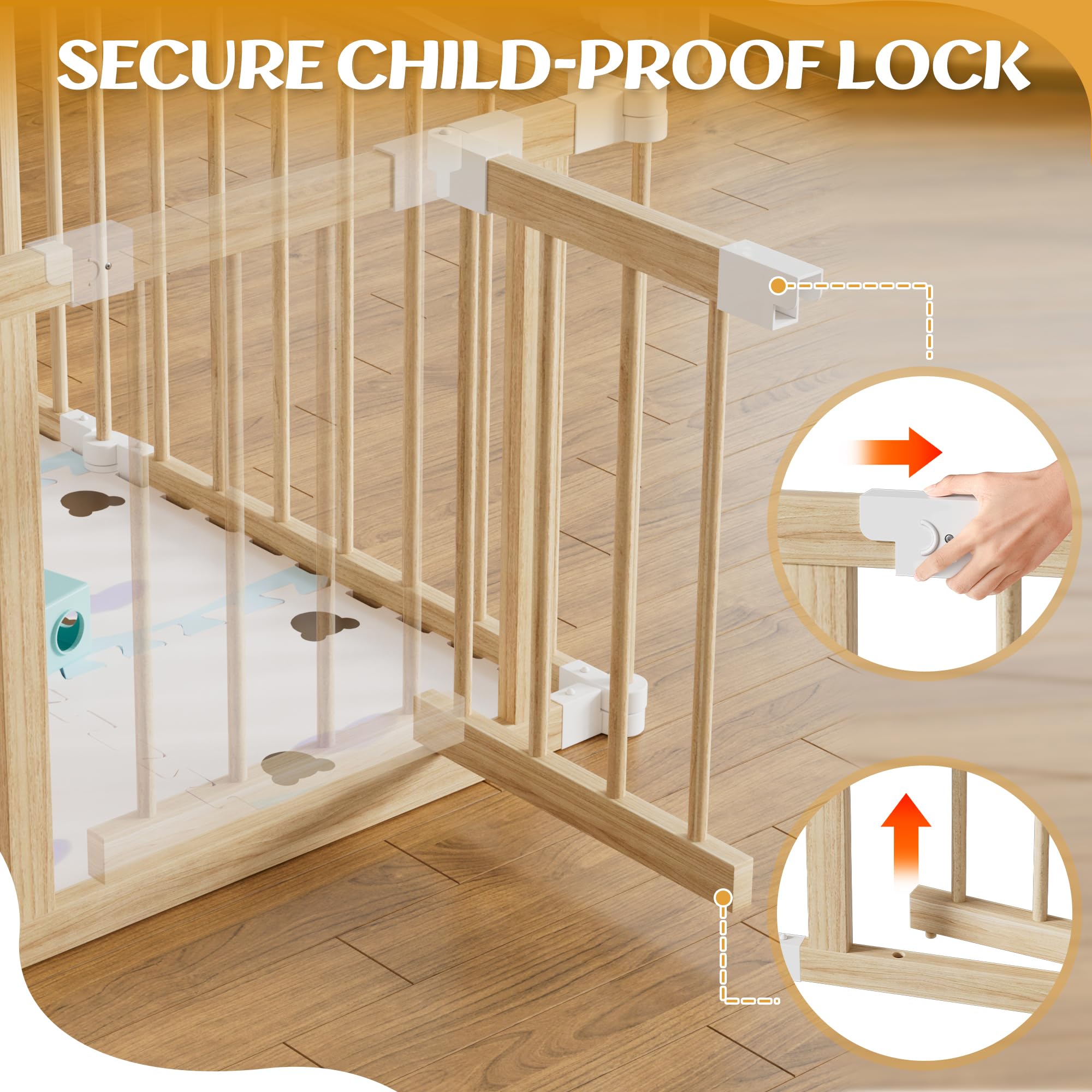 MSFE Parc Bebe Pliable Bois,8 éléments Playpen Baby avec Porte,Verrou de Sécurité et Jouets D'activités Montessori,Taille et Forme Réglables,Espace d'éveil Joyeux pour Bébés et Tout-petits
