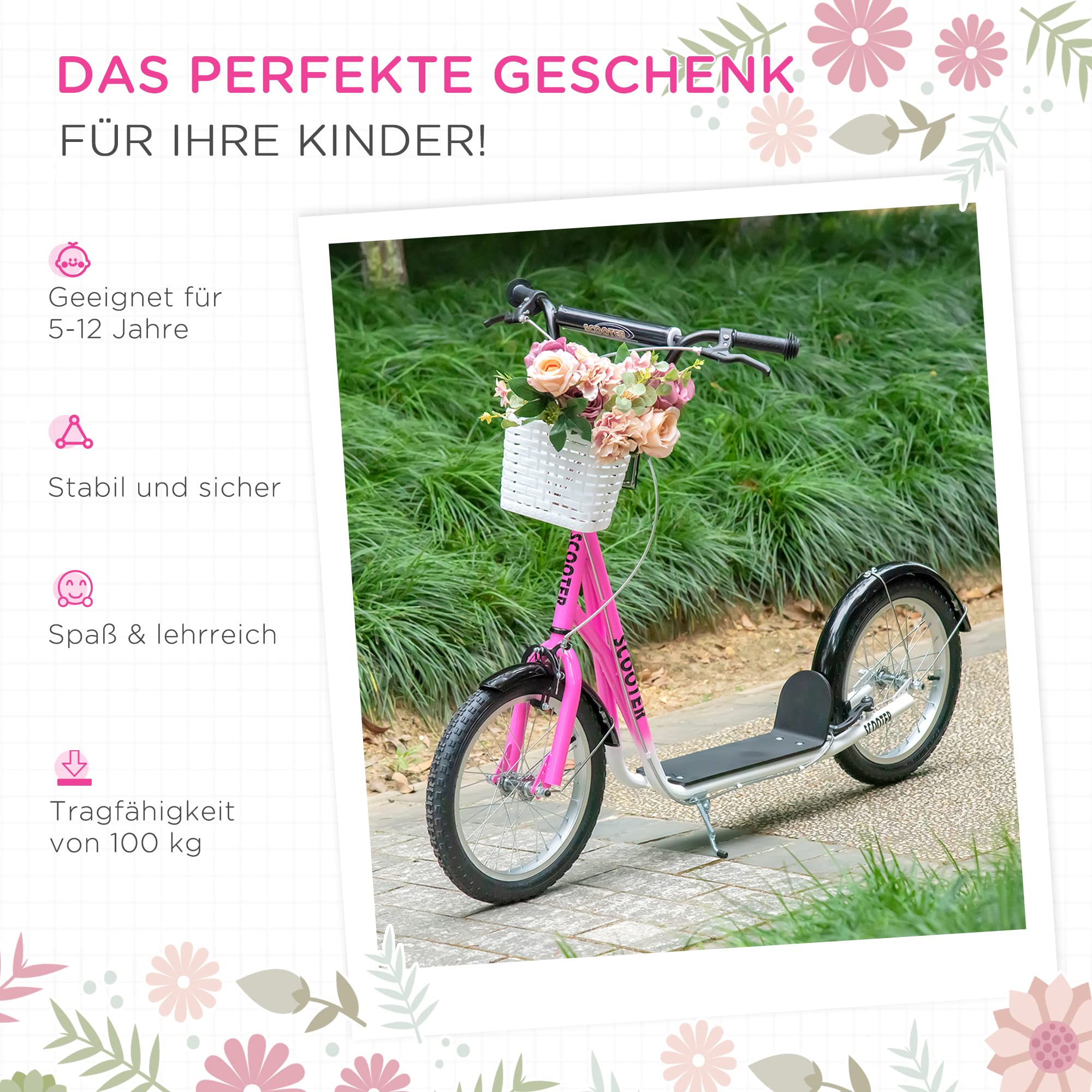 HOMCOM Roller Kinderroller mit Luftreifen Handbremse, 16 Zoll Tretroller Höhenverstellbar Kickscooter für Jungen und Mädchen 5-12 Jahre Kickboard Cityroller Kinder Scooter