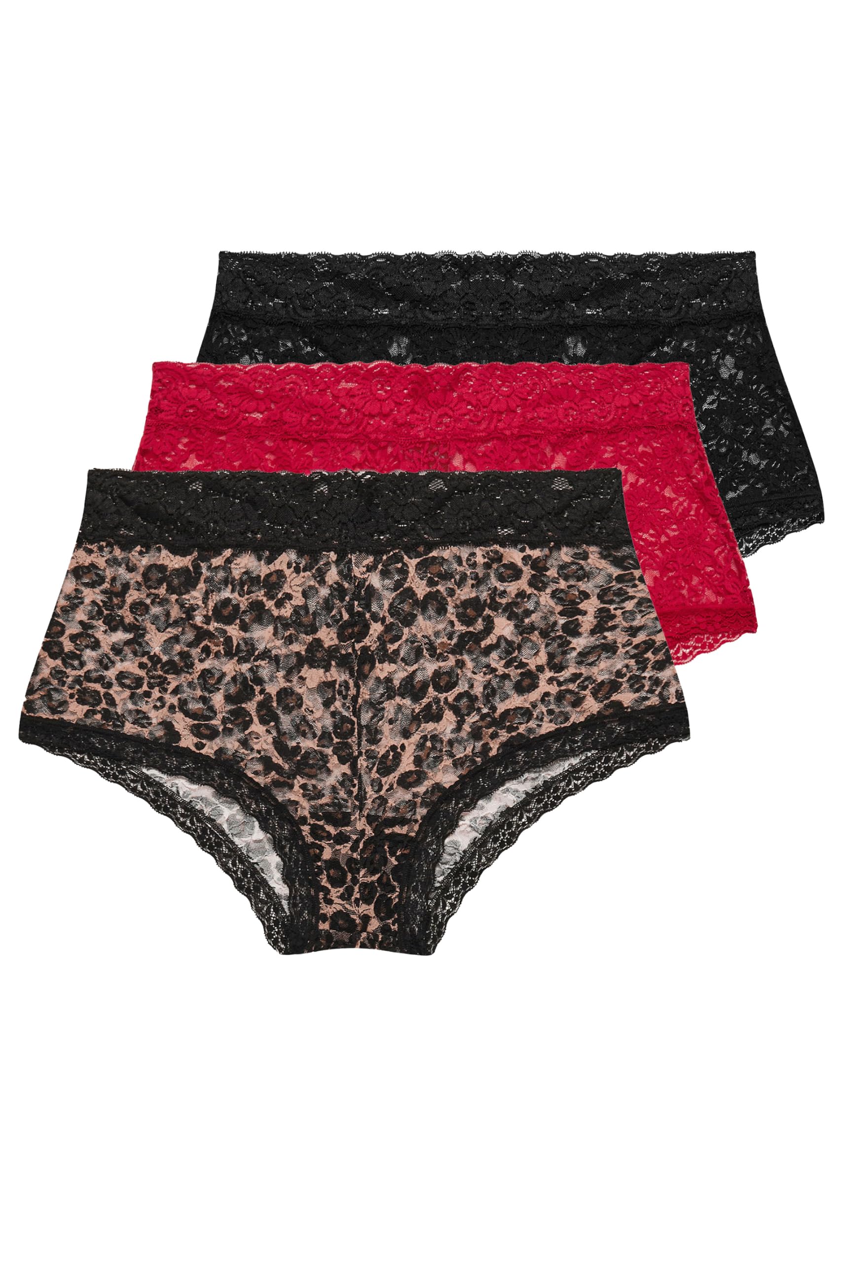Yours 3 Pack Printed Lace Mid Rise Shorts - Woven Fabric - Scalloped Trim - Elasticated Waistband - Red - Size 26-28