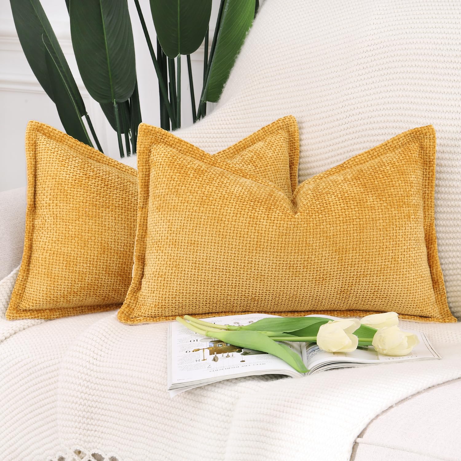 Madizz Set of 2 Chenille Velvet Cushion Covers with Flange Soft Boho Textured Throw Pillow Covers Broadside Pillowcases Modern Farmhouse Home Decor for Sofa Bedroom Yellow 16x24 inch, 40x60 cm — image 1