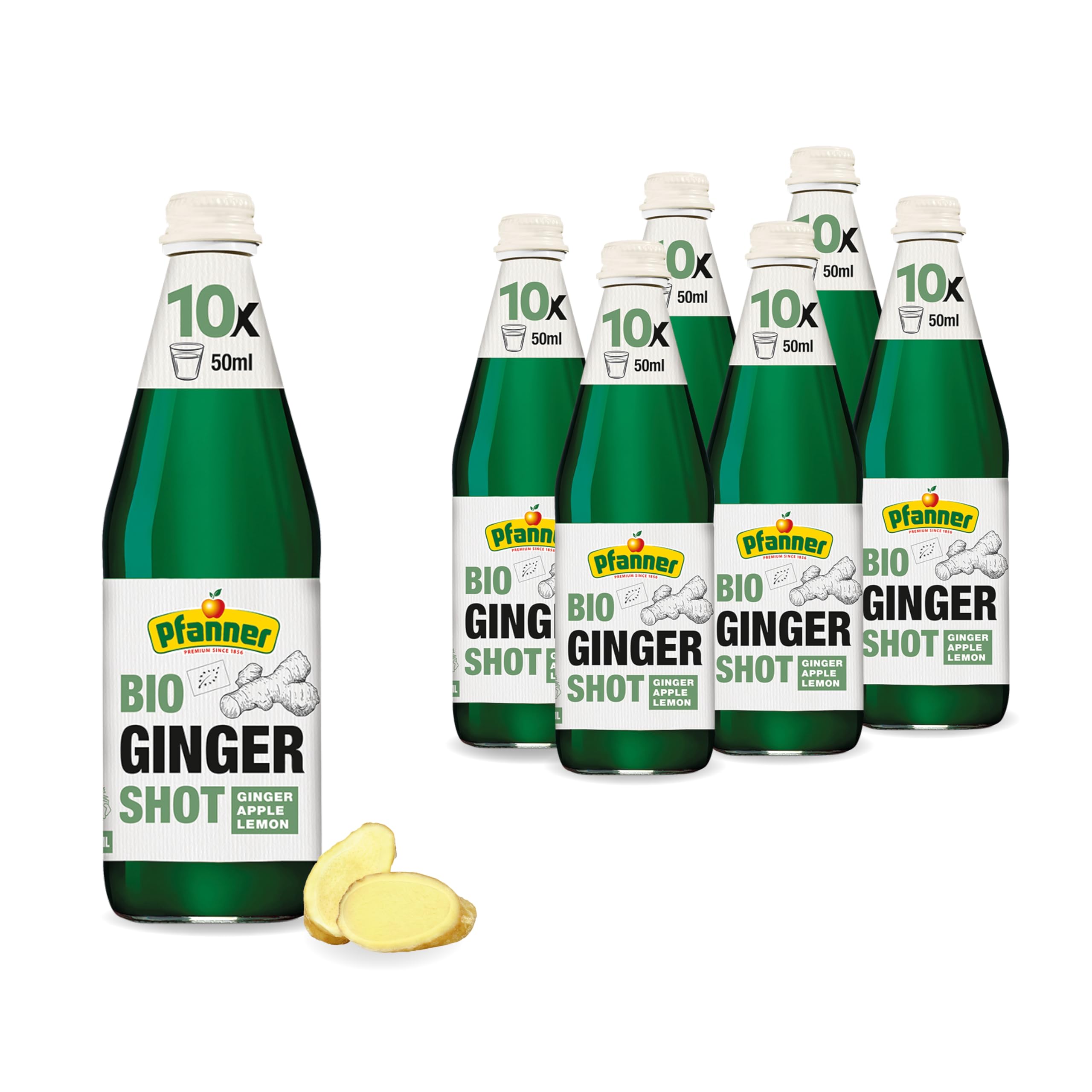 Pfanner Bio Ingwer Shot 100% Direktsaft im Vorratspack (6 x 0,5L) – Ingwer, Apfel & Zitrone – 500 ml Glasflasche (10 Shots à 50 ml)