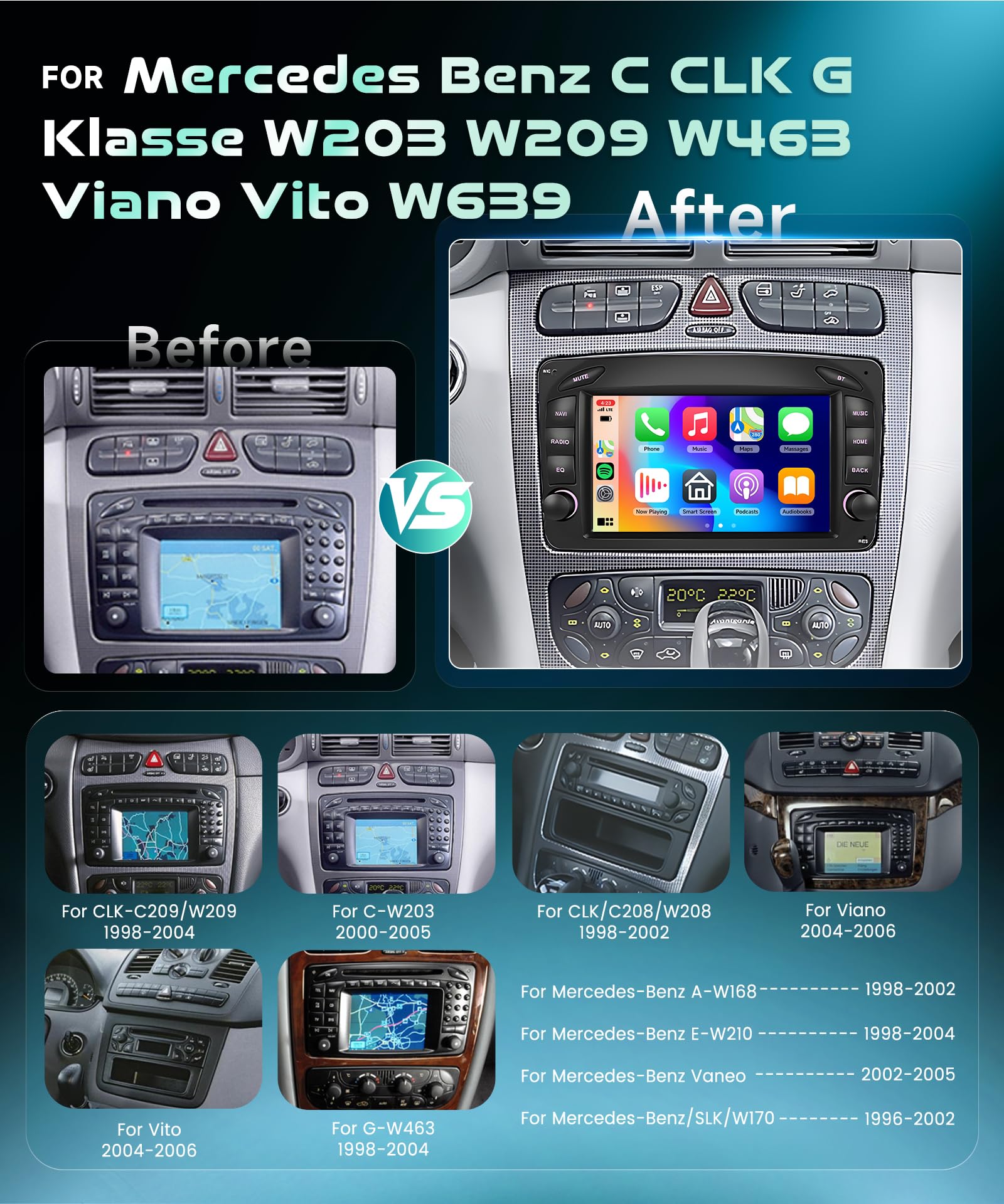2G&64G 7 autoradio voor Mercedes-Benz C CLK G-klasse W203 W209 W463 Viano Vito W639 met CarPlay Android Auto, Android 15, touchscreen Bluetooth RDS/FM-radio, wifi-navigatie/AHD-achteruitrijcamera