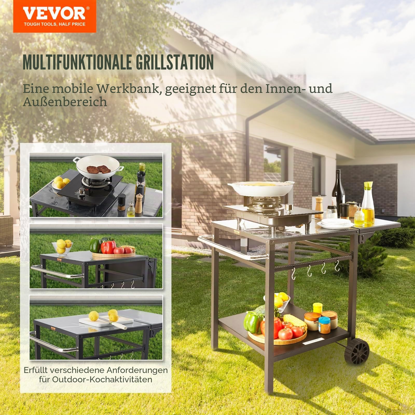 VEVOR Grillwagen Küchenwagen 97,2 x 64 x 75,5 cm Outdoor Servierwagen mit Doppelter Ablage, Beweglicher Grilltisch für die Zubereitung von Speisen, Multifunktionale Tischplatte aus Eisen Schwarz