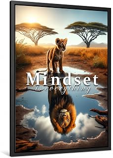 CLEAN SPORTS® Mindset is everything - Motivationsposter - Babylöwe sieht sich als erwachsenen Löwe im Spiegel - Motivationsbild fürs Büro, Sport und Deinen Erfolg - ohne Rahmen (Din A1)