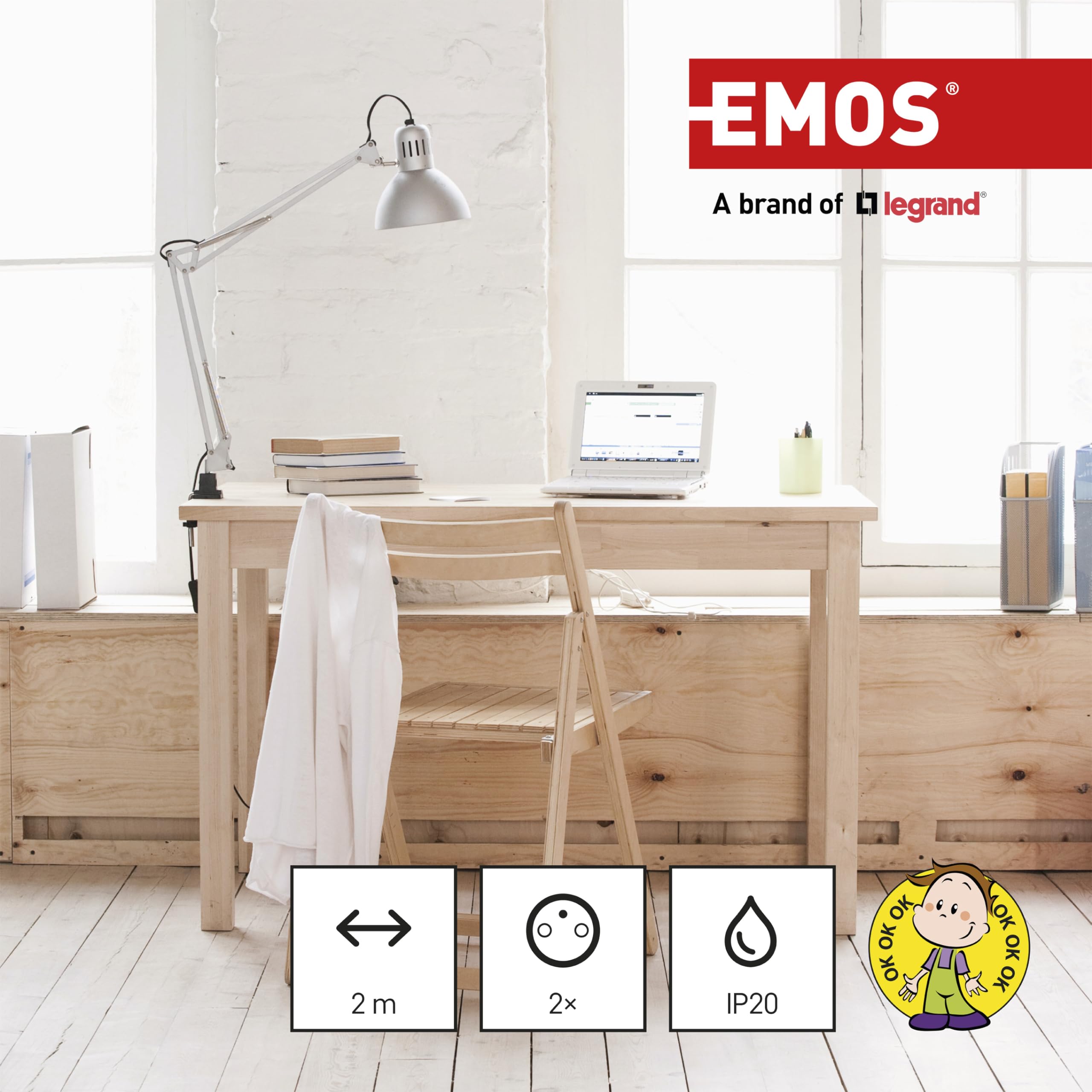 EMOS Listwa zasilająca z USB, 2-krotne gniazdko wielokrotne i 3 x port USB, przedłużacz 2 m, 2 x USB-A + 1 x złącze USB-C, maks. prąd ładowania 3,4 A, zwiększona ochrona przed dotykiem, IP20 do użytku