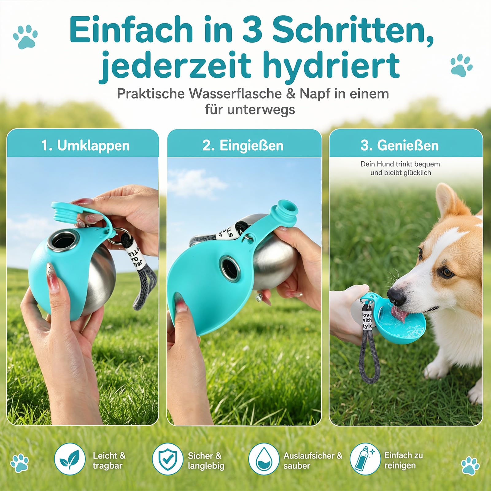 Trinkflasche Hunde für Unterwegs, Hunde Trinkflasche to Go, 285ml Edelstahl Hundetrinkflasche für Unterwegs mit Silikonnapf, Wasserflasche Hunde für Welpen Kleine Mittel Katzen Reise Camping