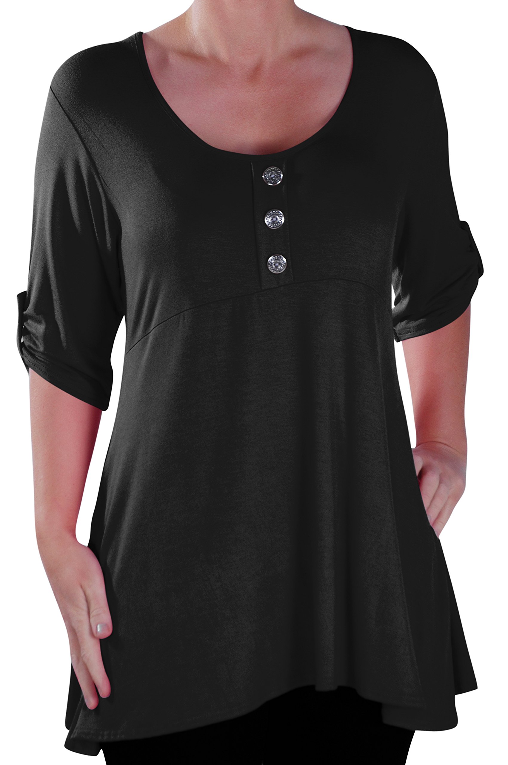 Eye Catch Women's Black ’S Flared Tunic Top, Button Front Scoop Neck Long Jersey Top – Plus Size 14–28