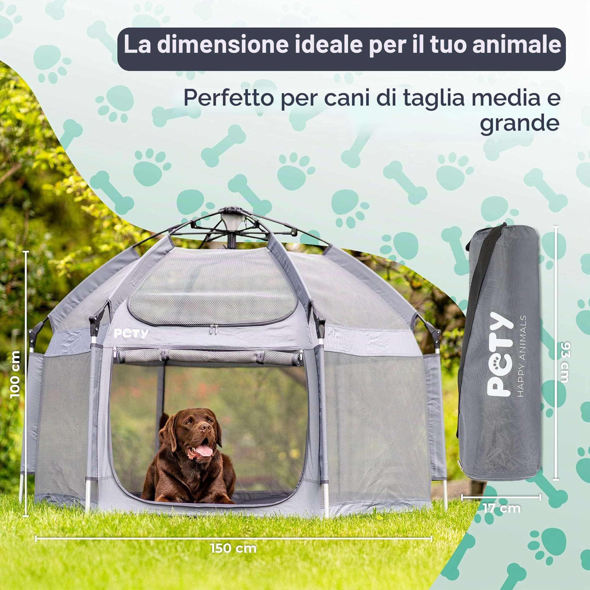 PETY Set box per cani – 150 x 100 cm tenda mobile per cani con borsa per il trasporto, tetto UV e tappetino – recinto per animali domestici e interni – accessori da viaggio per il campeggio –