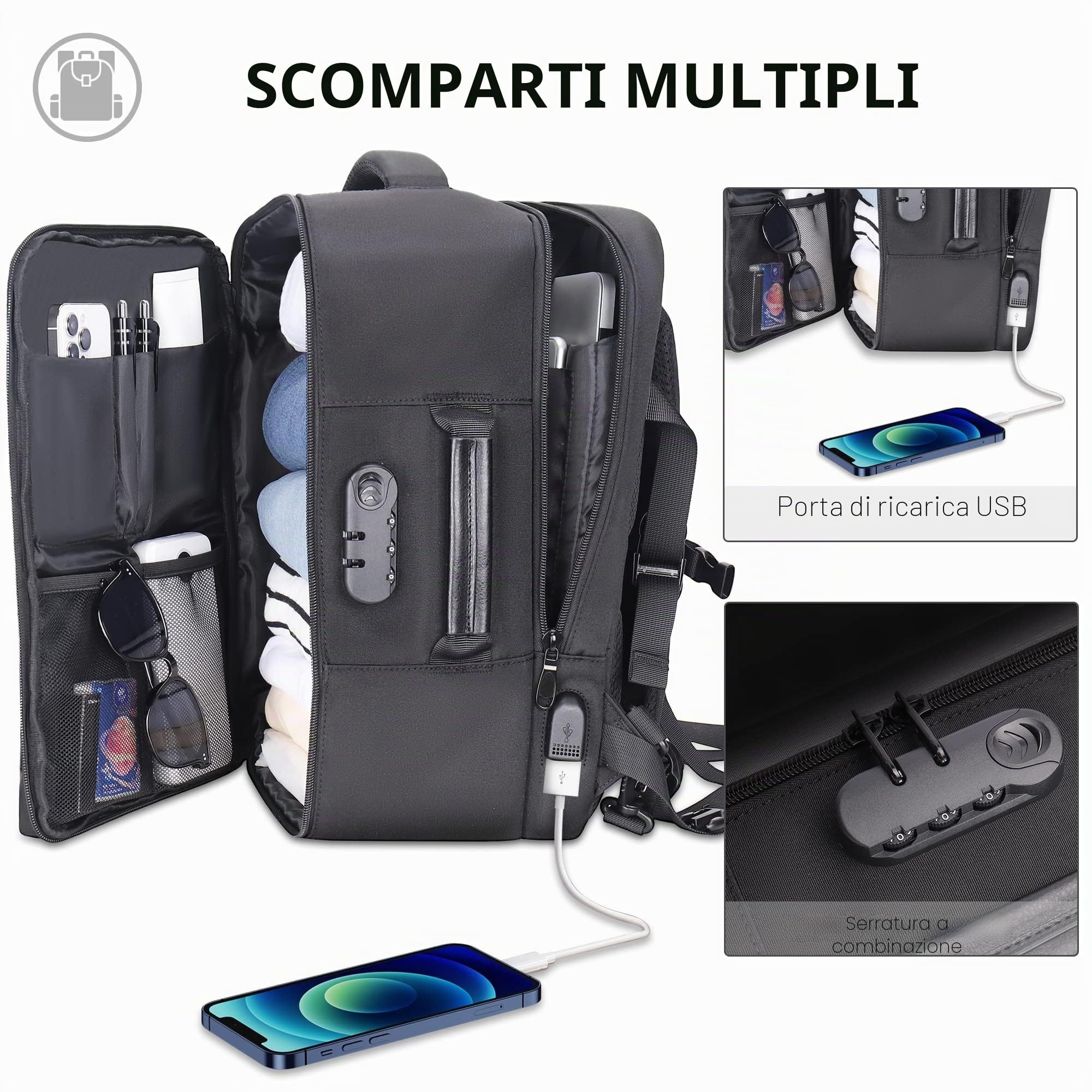 Zaino da Viaggio Ryanair 40x20x25 Bagaglio a Mano con Scomparto per porta pc Antifurto con Serratura Codificata 20L YG063 Grigio