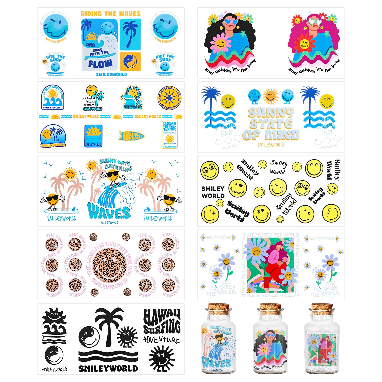 SmileyWorld Officially Licensed UV DTF Wrap Cup Transfer Stickers for Glass, 9 Sheets Smiley Rub on Transfer Cup Stickers for 16 oz Glass Water Bottle