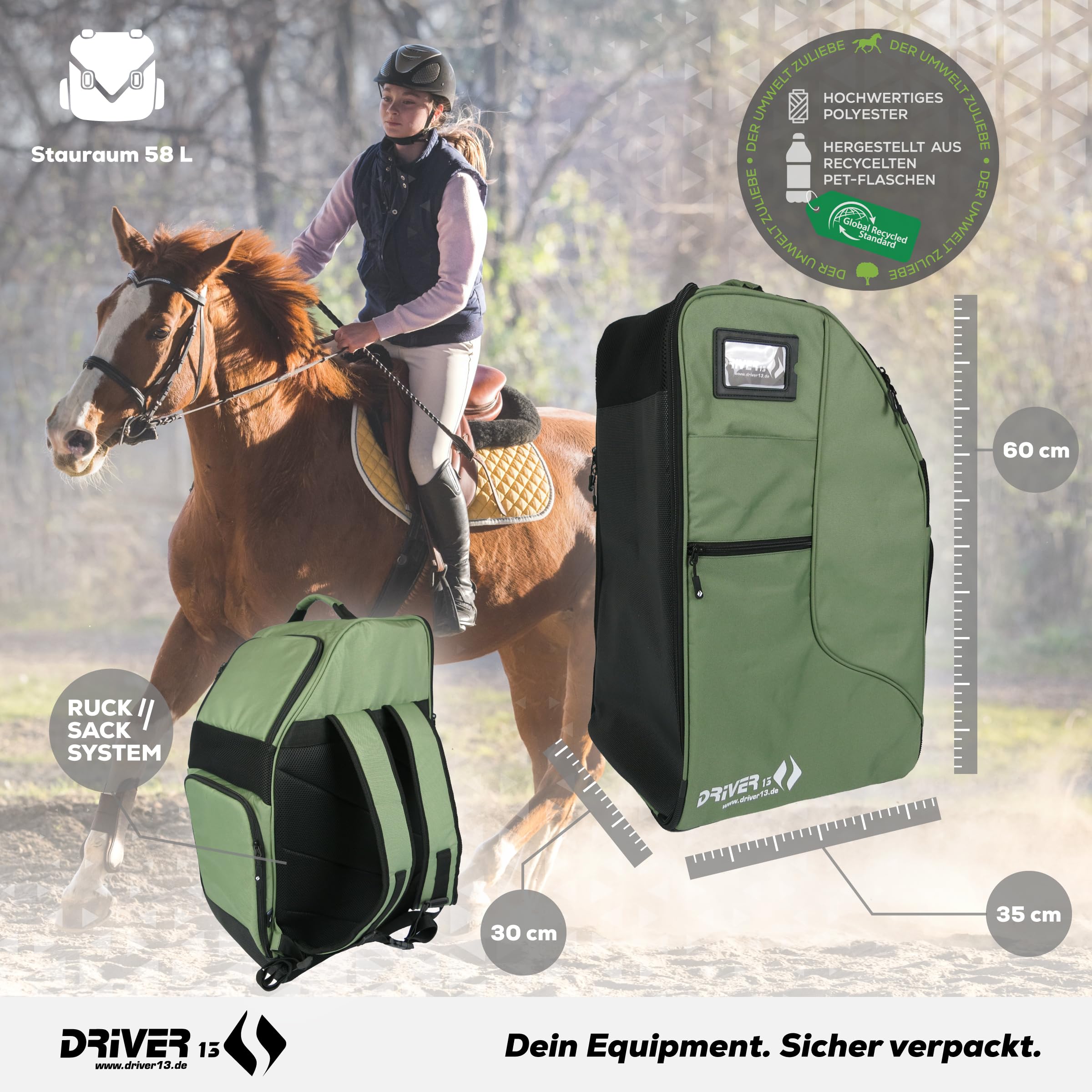 Driver13 Reitstiefelrucksack Deluxe mit Helmfach, Reitstiefeltasche und Stiefeletten Tasche, für Reitstiefel und Zubehör, Farbvarianten