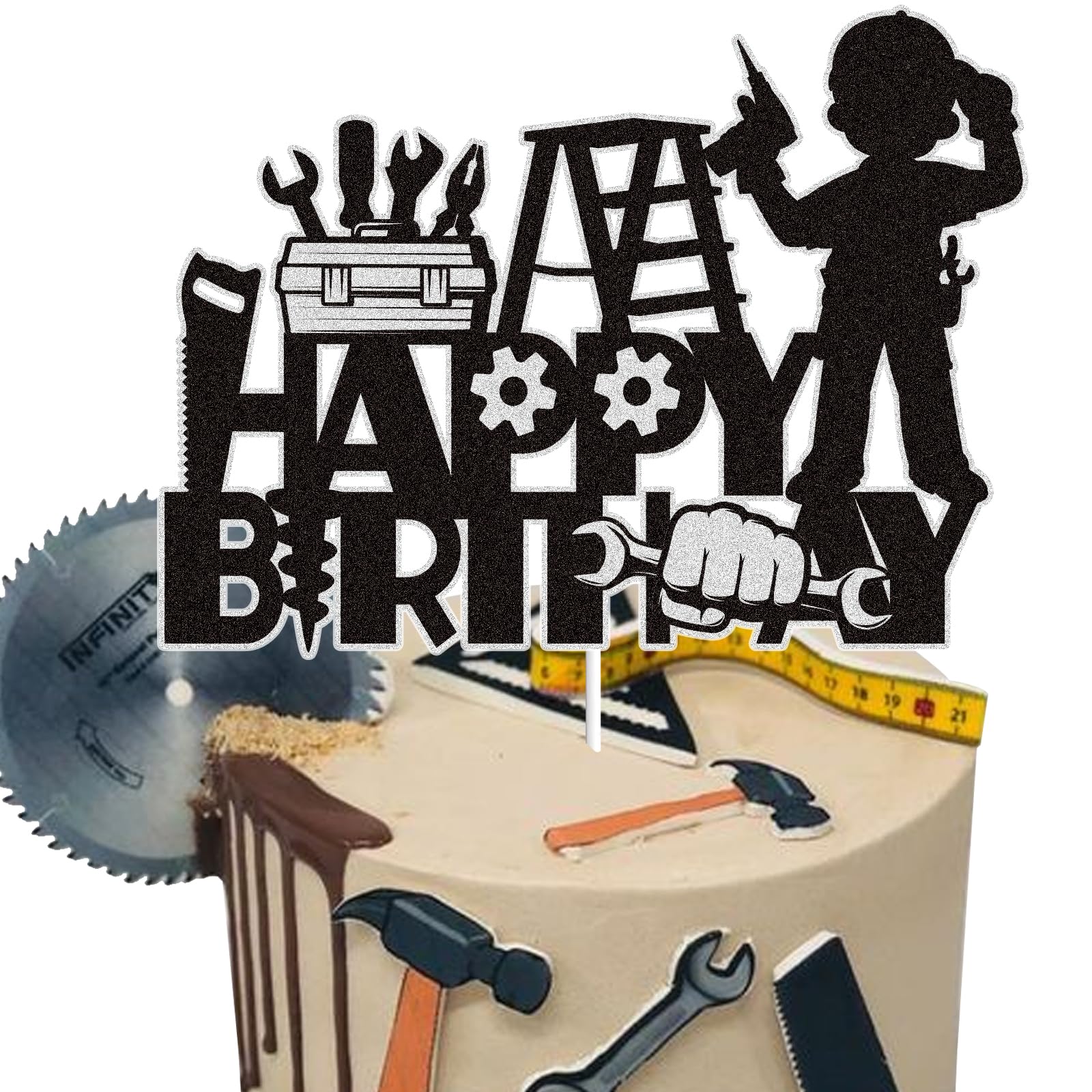 LINGBOOM Repairman Happy Birthday Cake Topper Black Glitter Tools Repair Engineer Cake Decoration Repair Theme Birthday Party For Boys Man