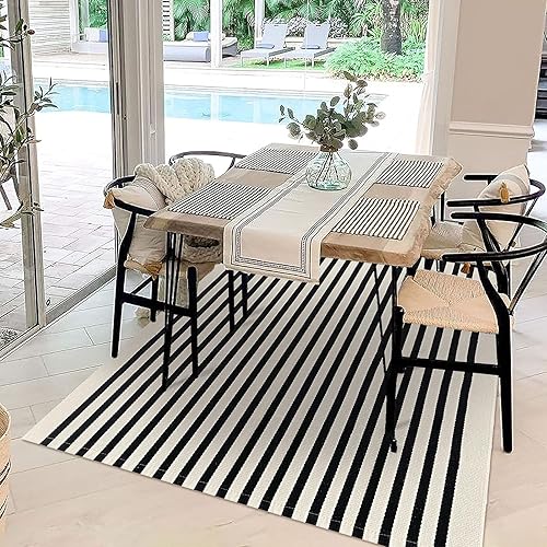 Miniatura 2 de KOZYFLY Alfombra a rayas negras y beige de 5 x 8 pies, lavable para interiores y exteriores, alfombra de algodón para patio al aire libre, alfombra
